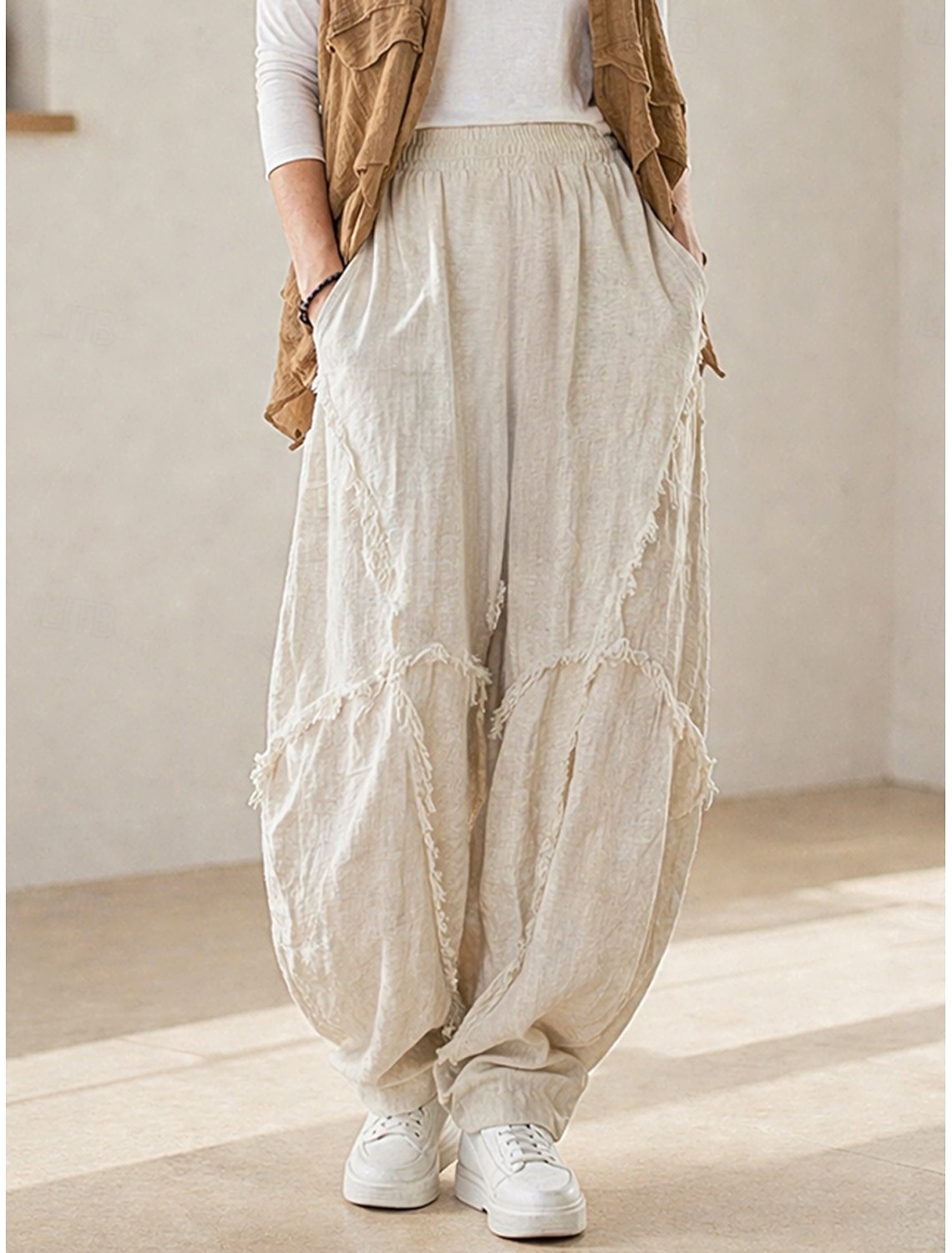 70% Linen Women's Linen Pants Chinos Summer Pants Bloomers Vacation Streetwear Basic Full Length Medium Waist Plain Pocket Elastic Waistband Inelastic Daily Outdoor rice white Coffee Fall Winter