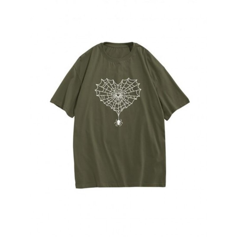 Halloween Spider Web Spider Print Drop Shoulder T Shirt MG0675