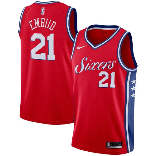 Official 76ers #21 Joel Embiid 2024 Statement NBA Swingman Jersey Red