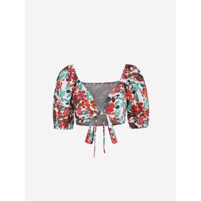 Floral Puff Sleeve Tie Front Cropped Blouse PE0420