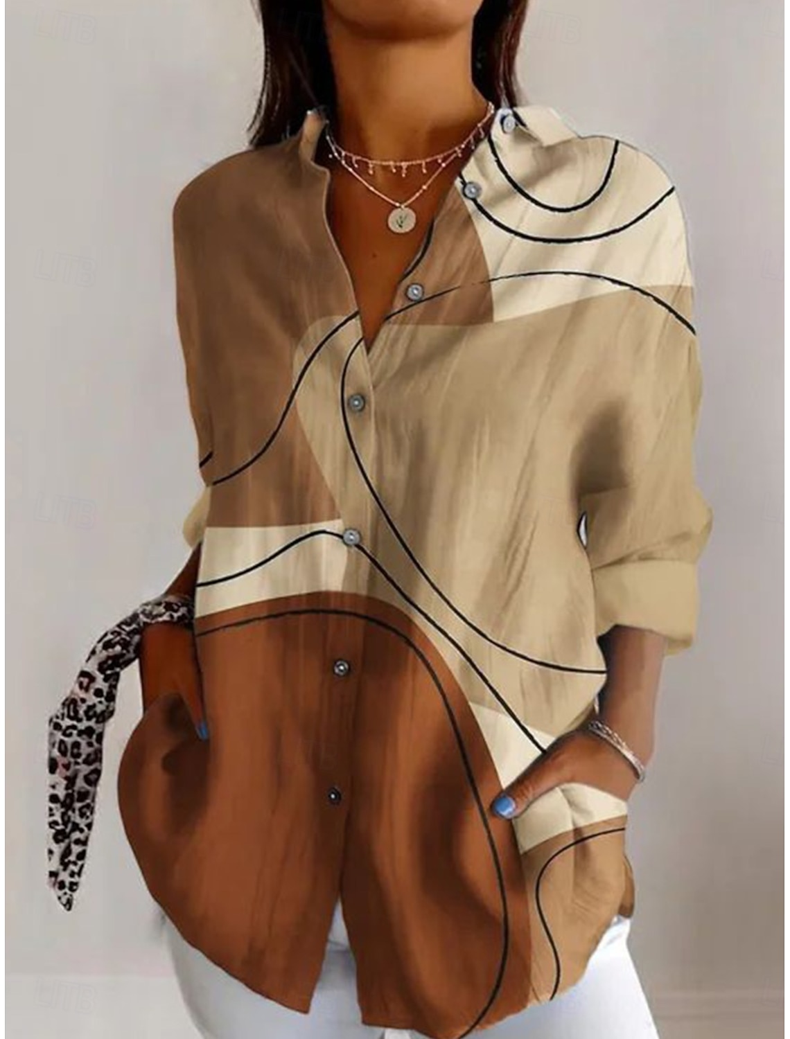 Women's Shirt Linen Like Breathable Lightweight Graphic Geometric Vintage Daily Casual Long Sleeve Shirt Collar Regular Tops Daily Holiday Print Sage Green Yellow Brown Khaki Summer Spring