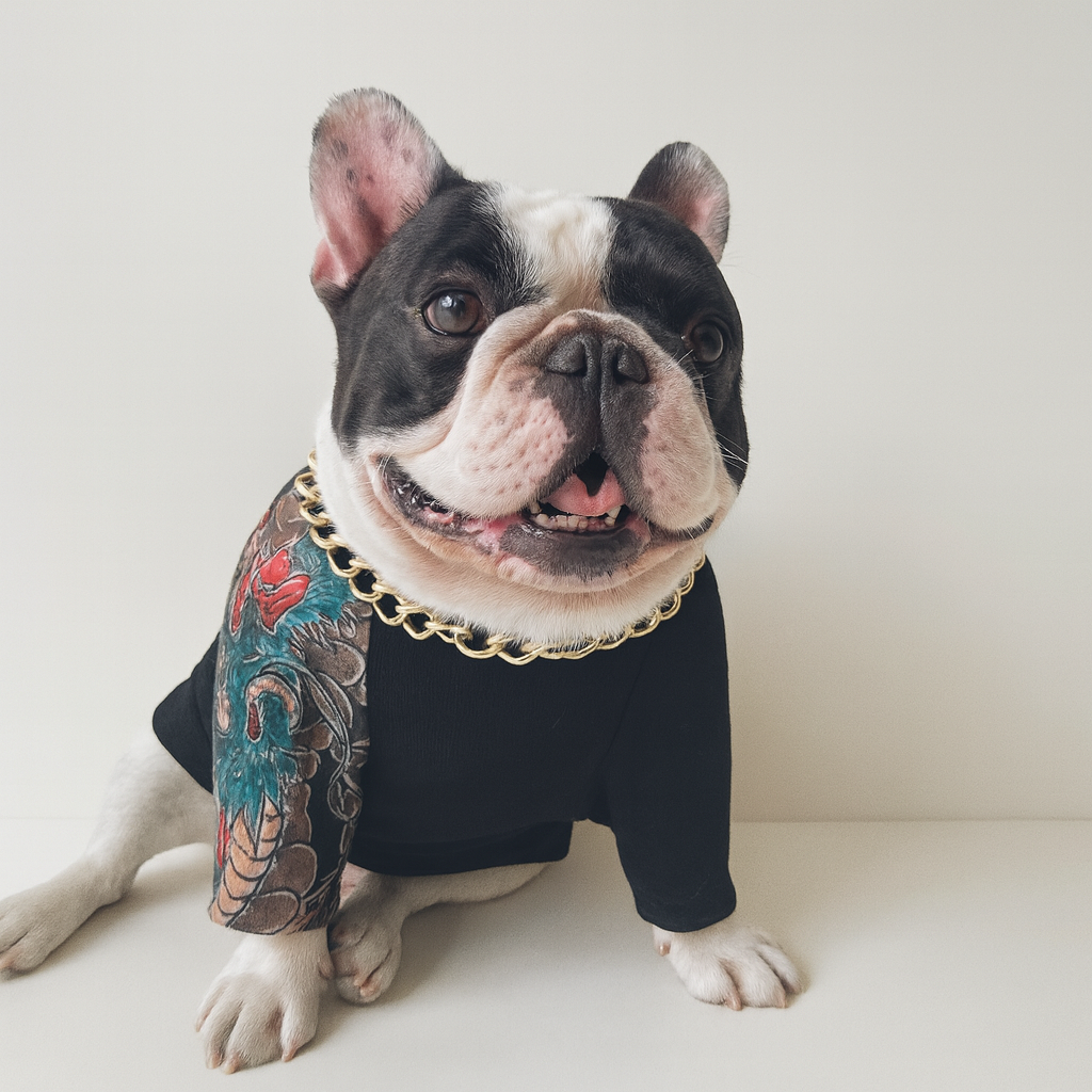 Skindura Frenchie Dragon Print Jumpsuit – Tattoo Style Cool Dog Four-Leg Outfit