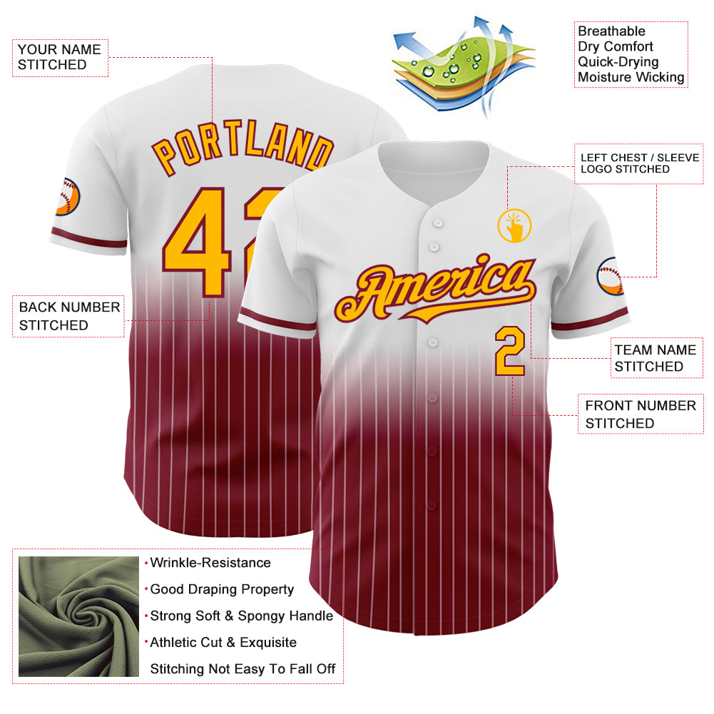 Custom White Pinstripe Gold-Crimson Authentic Fade Fashion Baseball Jersey