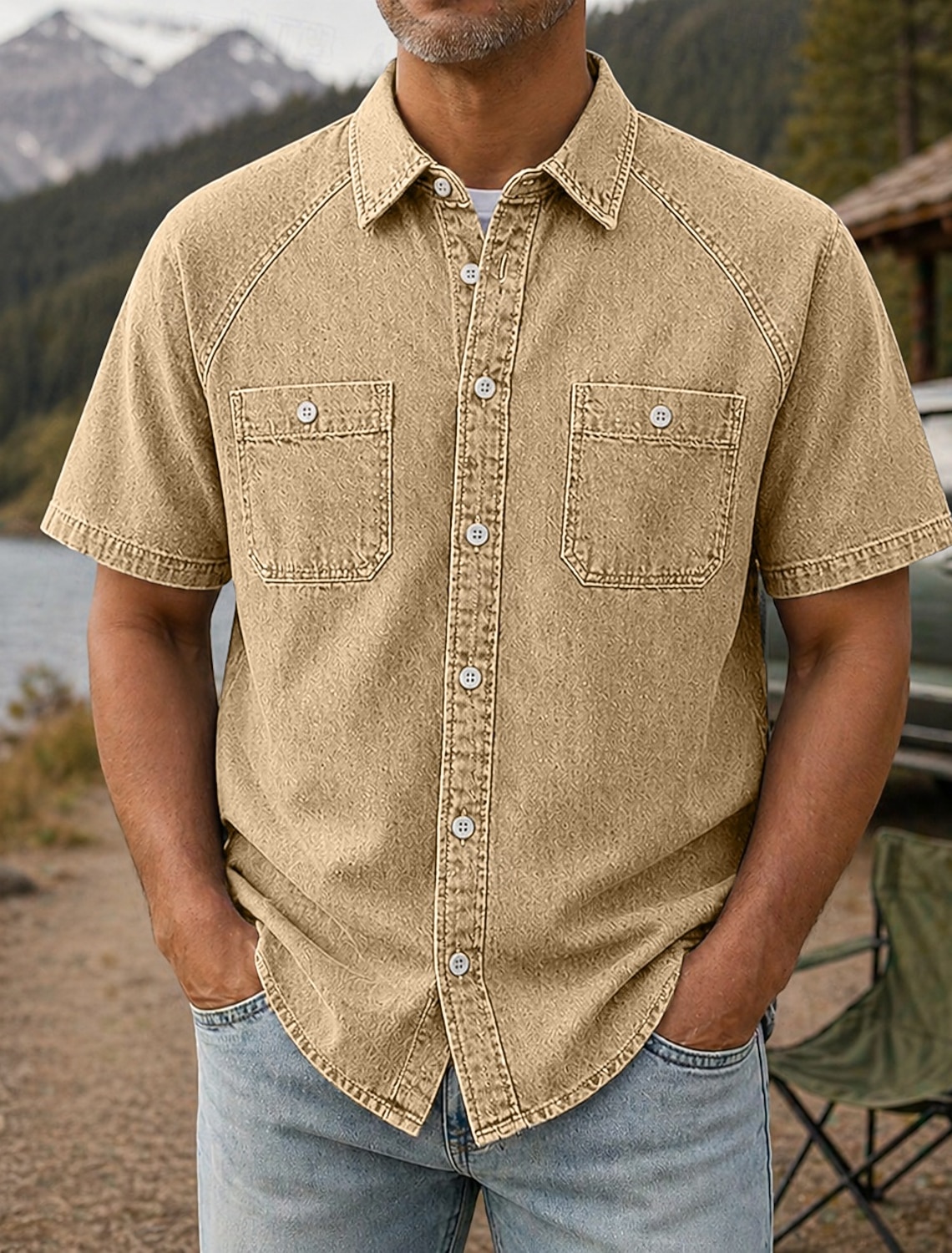 Men's Shirt Casual Shirt Work Shirt Garment Dyed Acid Wash Shirt Black Light Green Purple khaki Military Green Short Sleeve Plain Shirt Collar Casual Daily Front Pocket Clothing Apparel Cotton