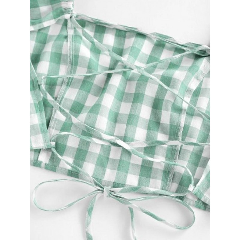 Gingham Puff Sleeve Backless Lace Up Blouse QI9371