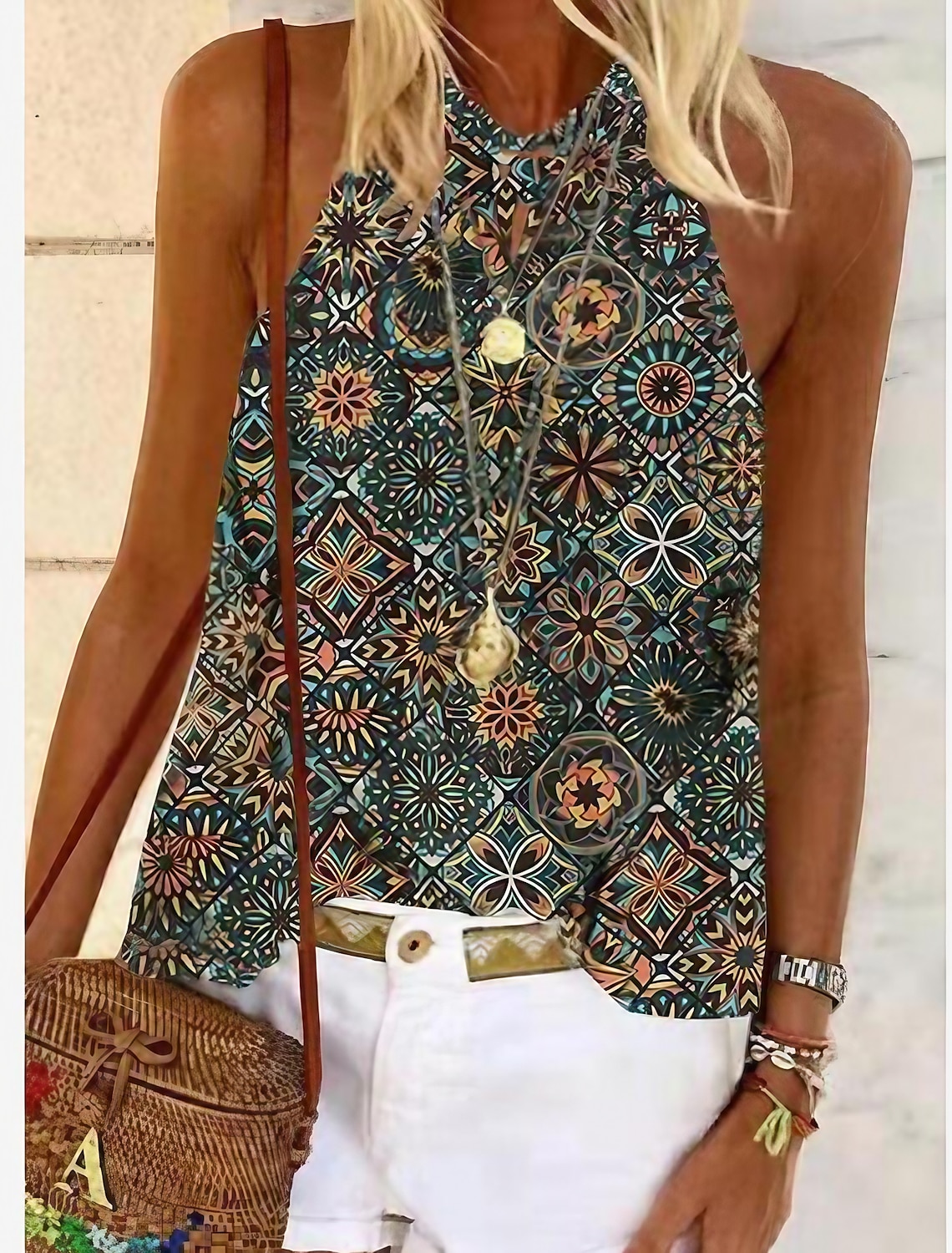 Women's Tank Top Halter Summer Tops Graphic Floral Sleeveless Ethnic Boho Halter S