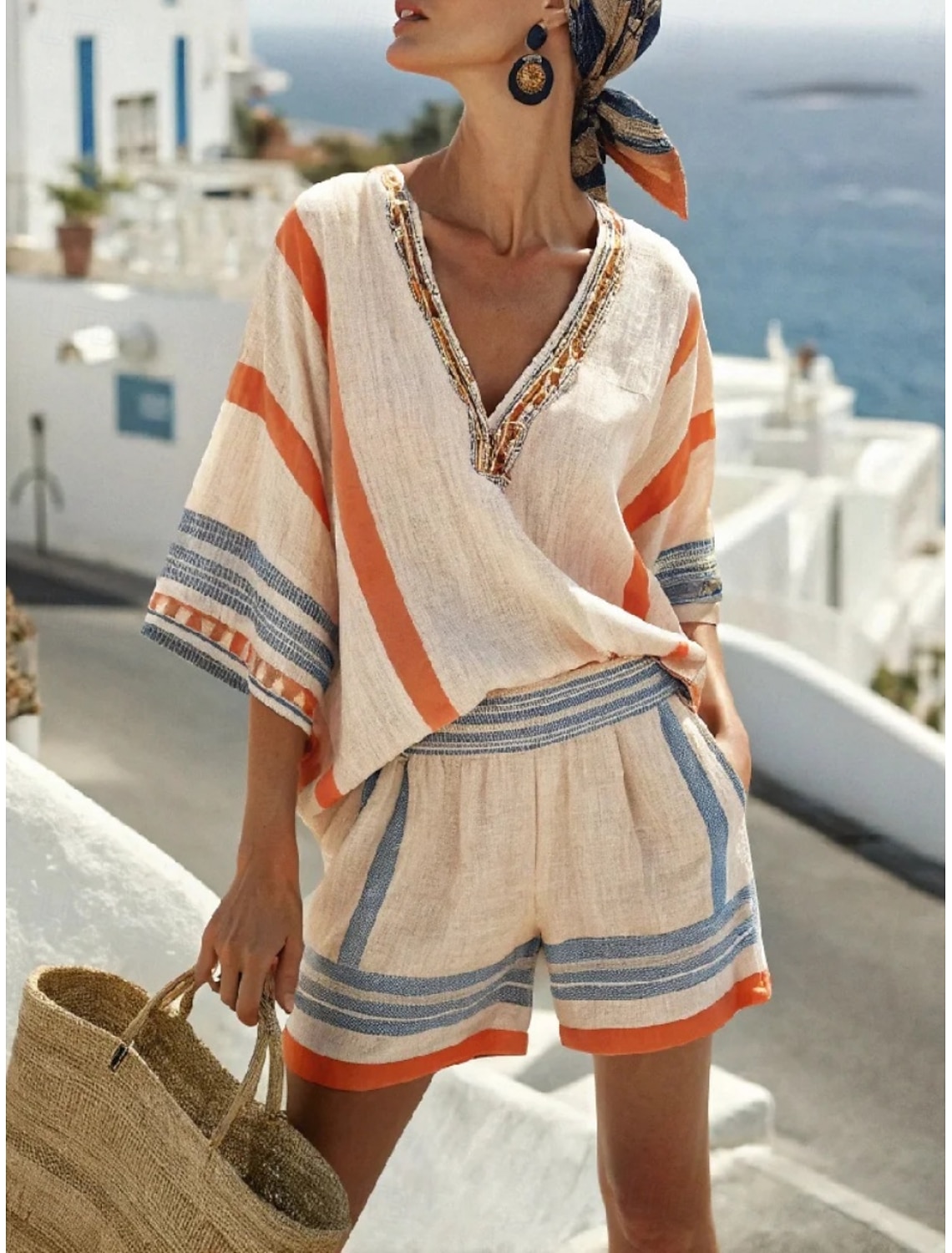 Women's Shorts Sets 3/4 Length Sleeve V Neck Striped Vacation Daily Casual Daily Outdoor Purple Khaki Beige Summer Loose Fit