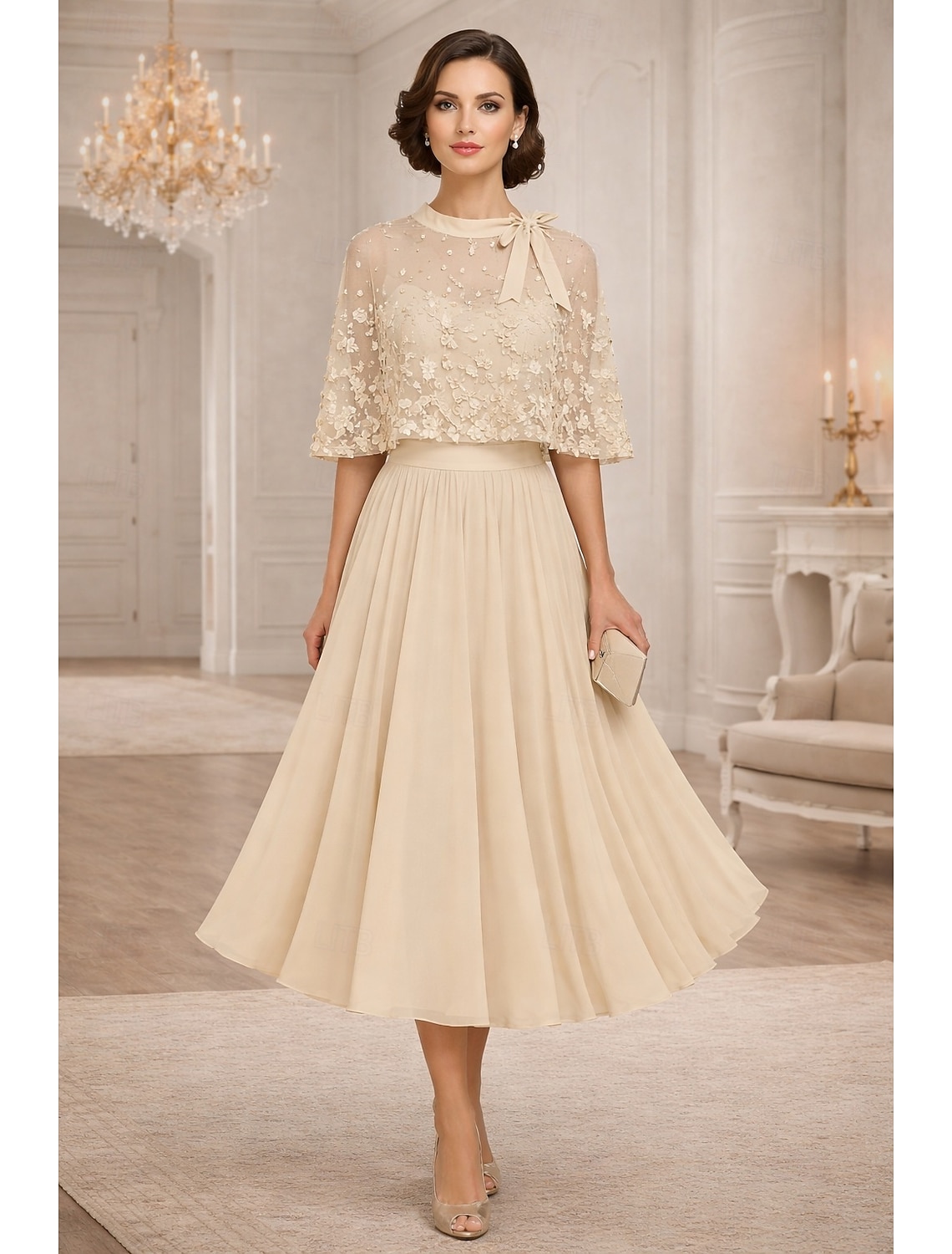 A-Line Tea Length Party Dress Cocktail Dress Wedding Guest Dress Mother of the Bride Dress Short Sleeve Crew Neck Boat Neck Elegant Formal Wedding Guest Family Gathering Chiffon Wrap Included with 3D