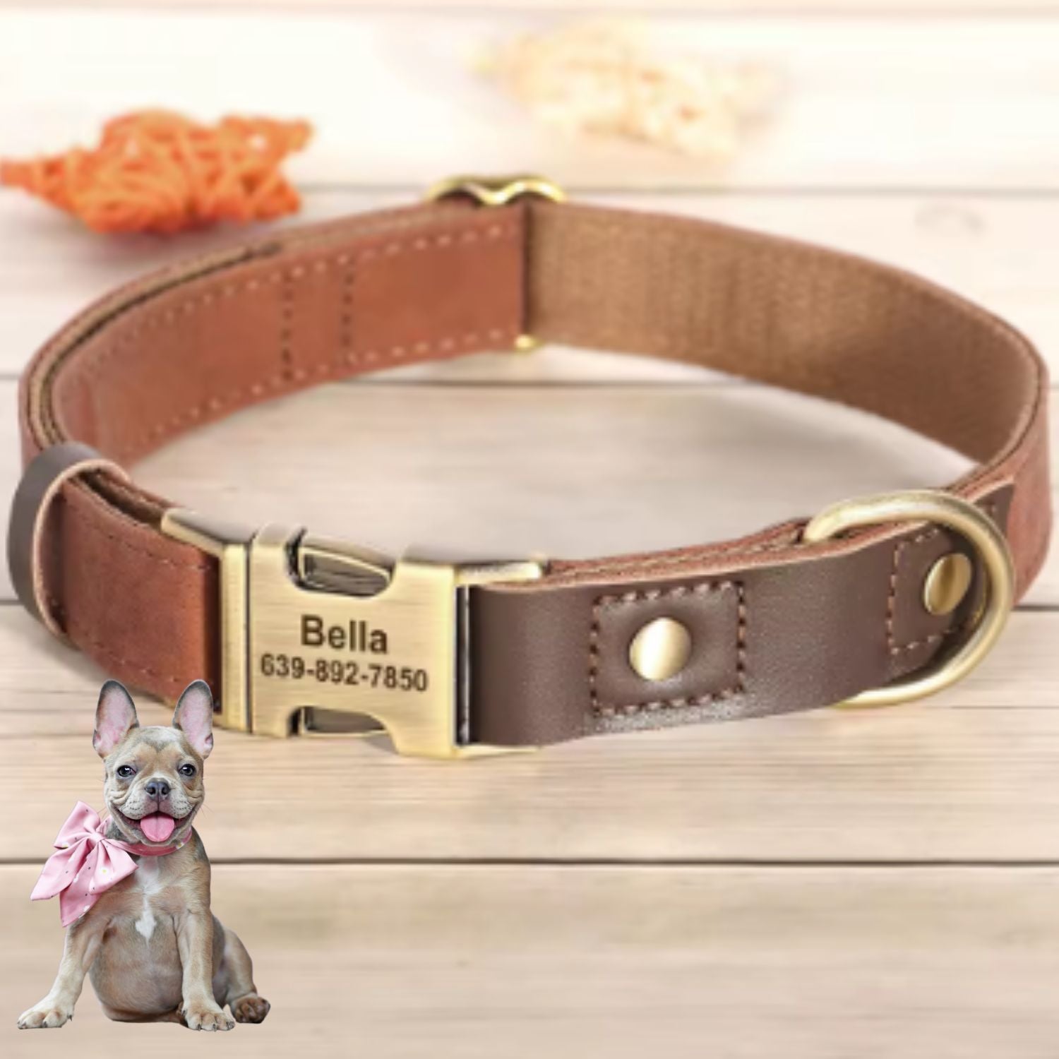 French Bulldog French Bulldog Leather Collar With Leash – Personalized