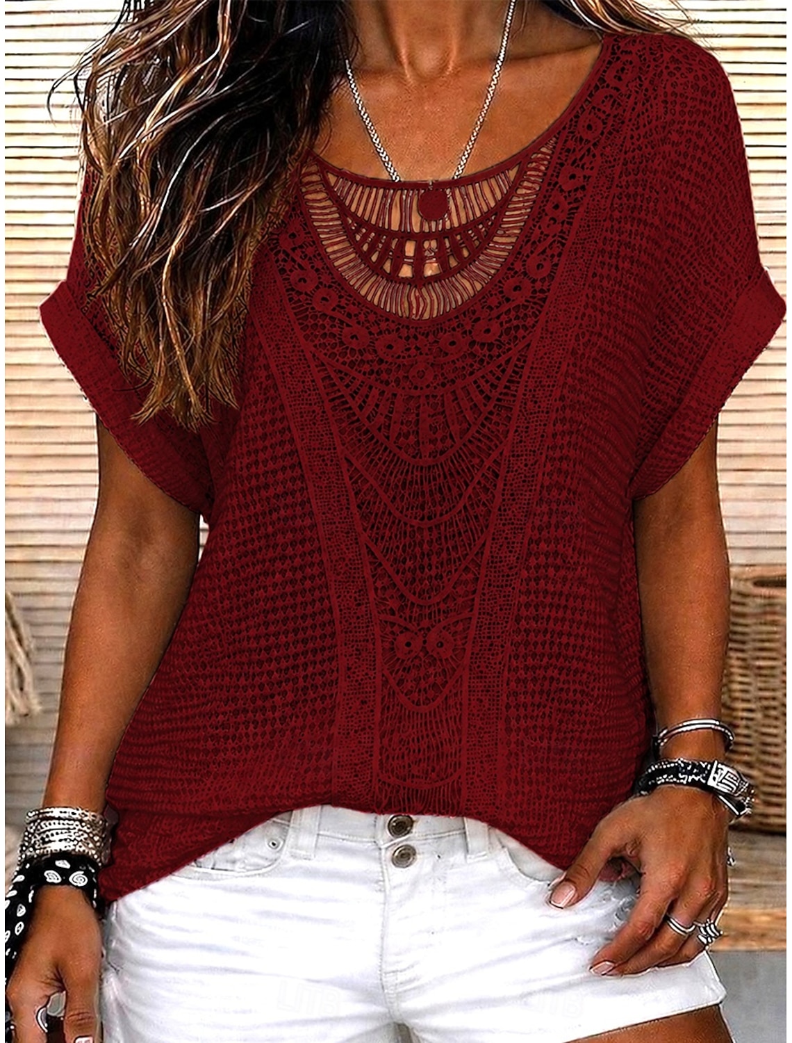 Women's Blouse Lace Solid Color Stylish Casual Short Sleeve V Neck Regular Tops Daily Blue Black White Orange Grey Summer Spring Fall