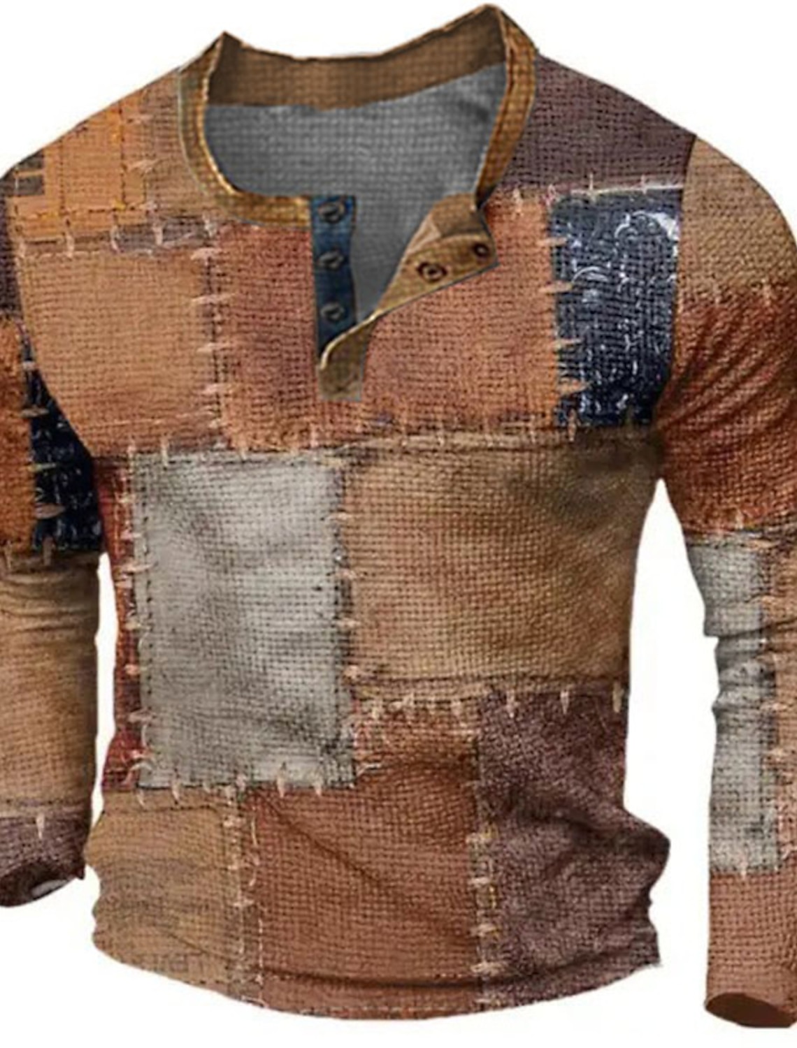 Men's Graphic Color Block Patchwork Henley Shirt Waffle T Shirt Long Sleeve 3D Print Fashion Designer Casual Sports Outdoor Holiday Festival Spring & Fall Blue Yellow Brown Gray Henley Henley T-Shirt