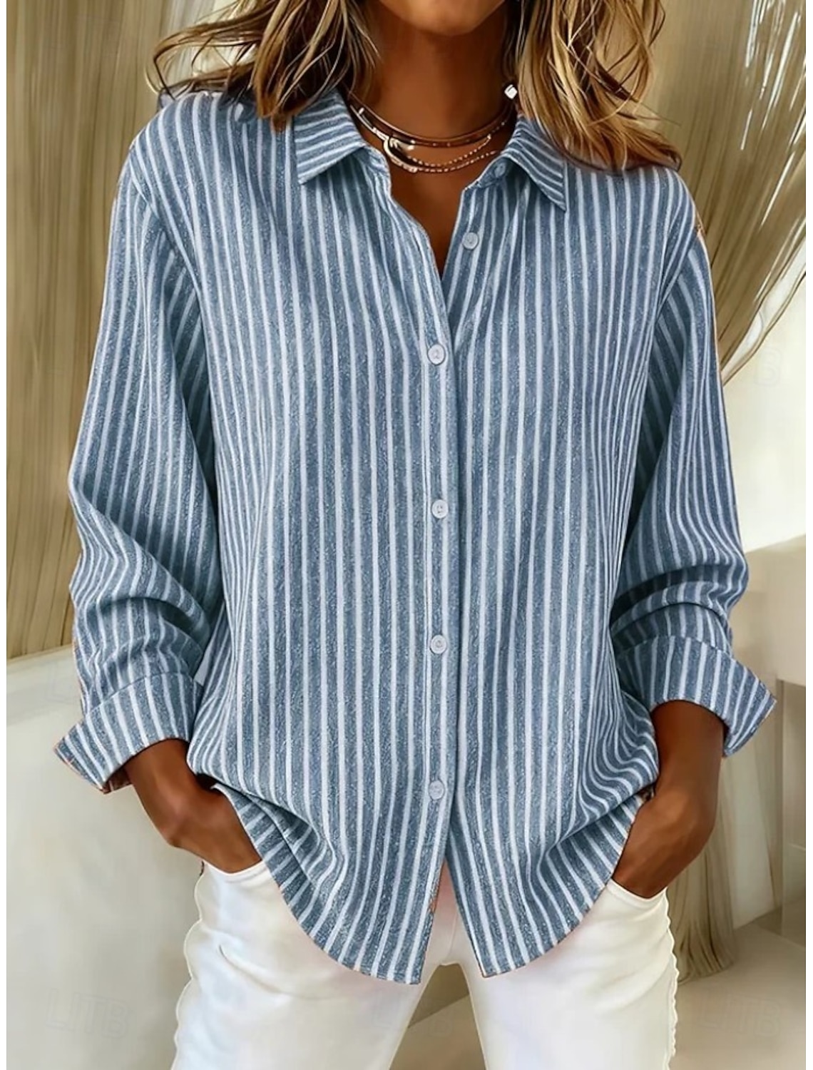 Women's Shirt Blouse Buttons Print Striped Vintage Stylish Casual Long Sleeve Shirt Collar Regular Tops Daily Blue Red Light Brown Orange Gray Spring Fall Winter