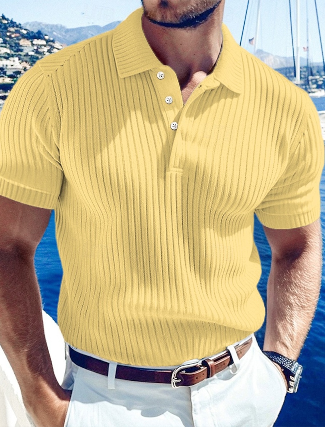 Men's Rib Knit Top Textured Casual Work Lapel Ribbed Polo Collar Short