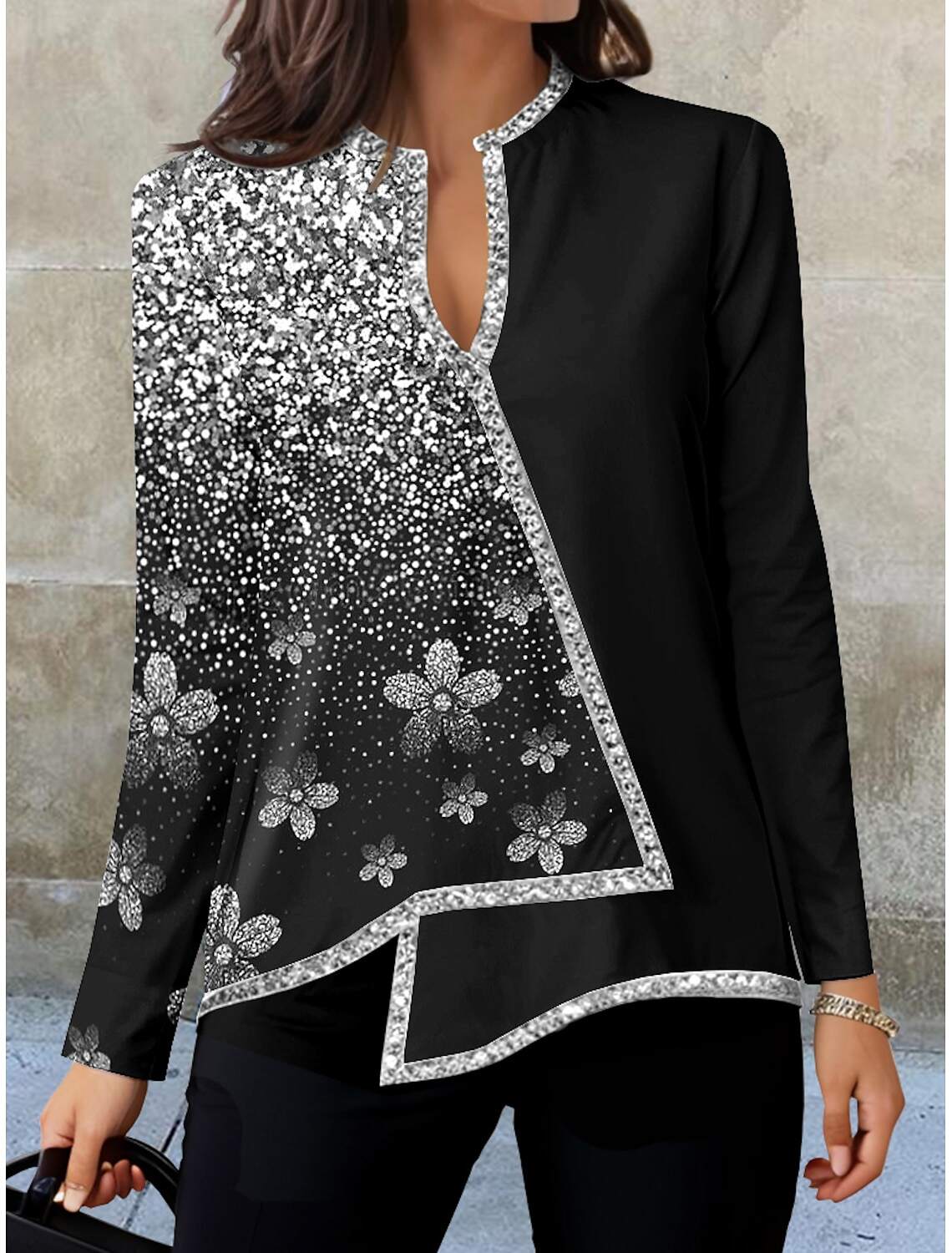 Women's Shirt Blouse Fashion Floral Print Asymmetric Hem Long Sleeve Regular Tops V Neck Casual Holiday Fall & Winter