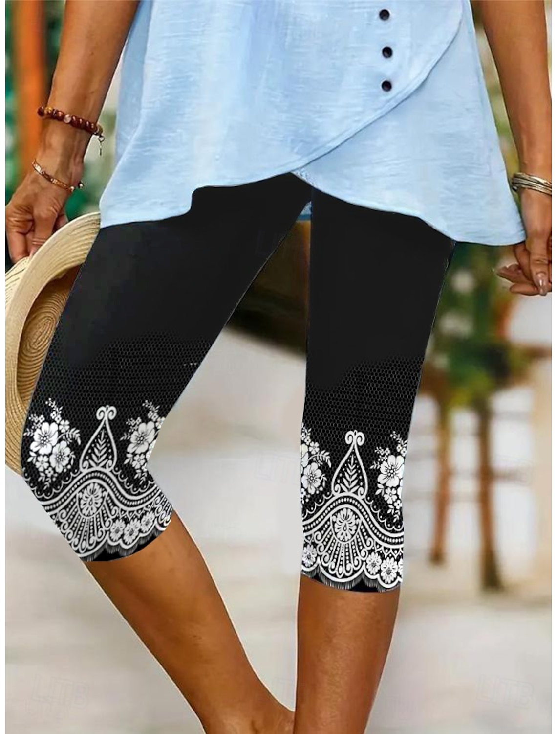 Women's Leggings Capri Pants High Elasticity Fashion Streetwear Full Length Mid Waist Floral Printing Thermal Warm Breathable Soft Outdoor Daily Beach Buff Black Blue Sky Blue Summer Spring
