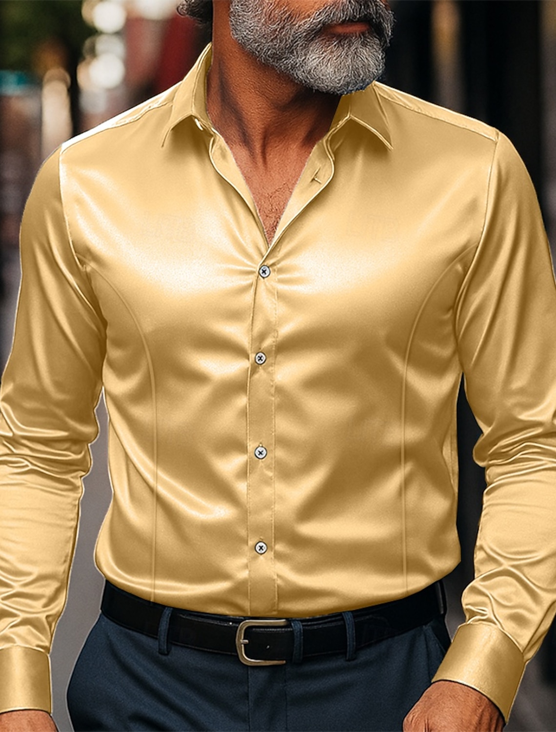 Men's Shirt Silk Like Satin Dress Casual Button Up Plain Formal