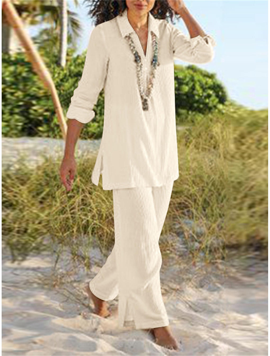 Women's Cotton Linen Sets Loungewear Sets Basic Casual Comfort Pure Color Shirt Pant Daily Home Vacation Long Sleeve Lapel Black Brown Khaki Dark Blue Summer Spring
