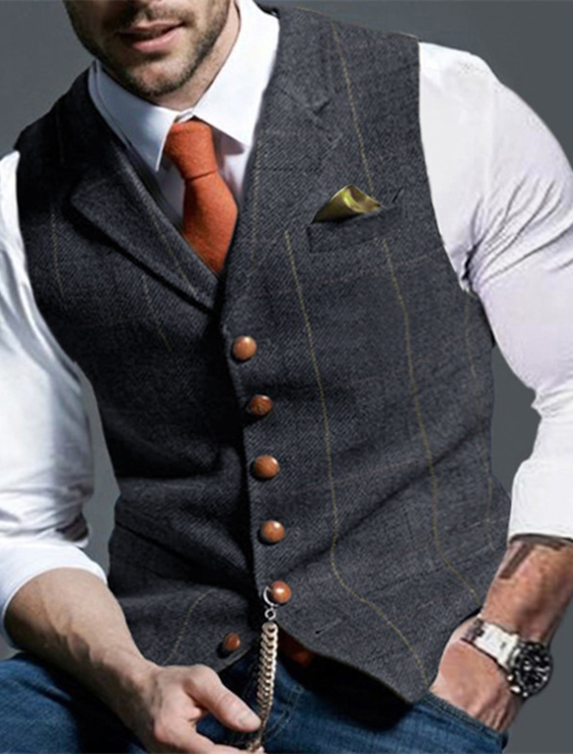 Men's Vest Tweed Vest Waistcoat Vintage Fashion Spring & Fall Buttons Wool Blend Comfortable Plain Single Breasted V Neck Regular Fit Deep Green Navy Dark Gray Light Grey Vest