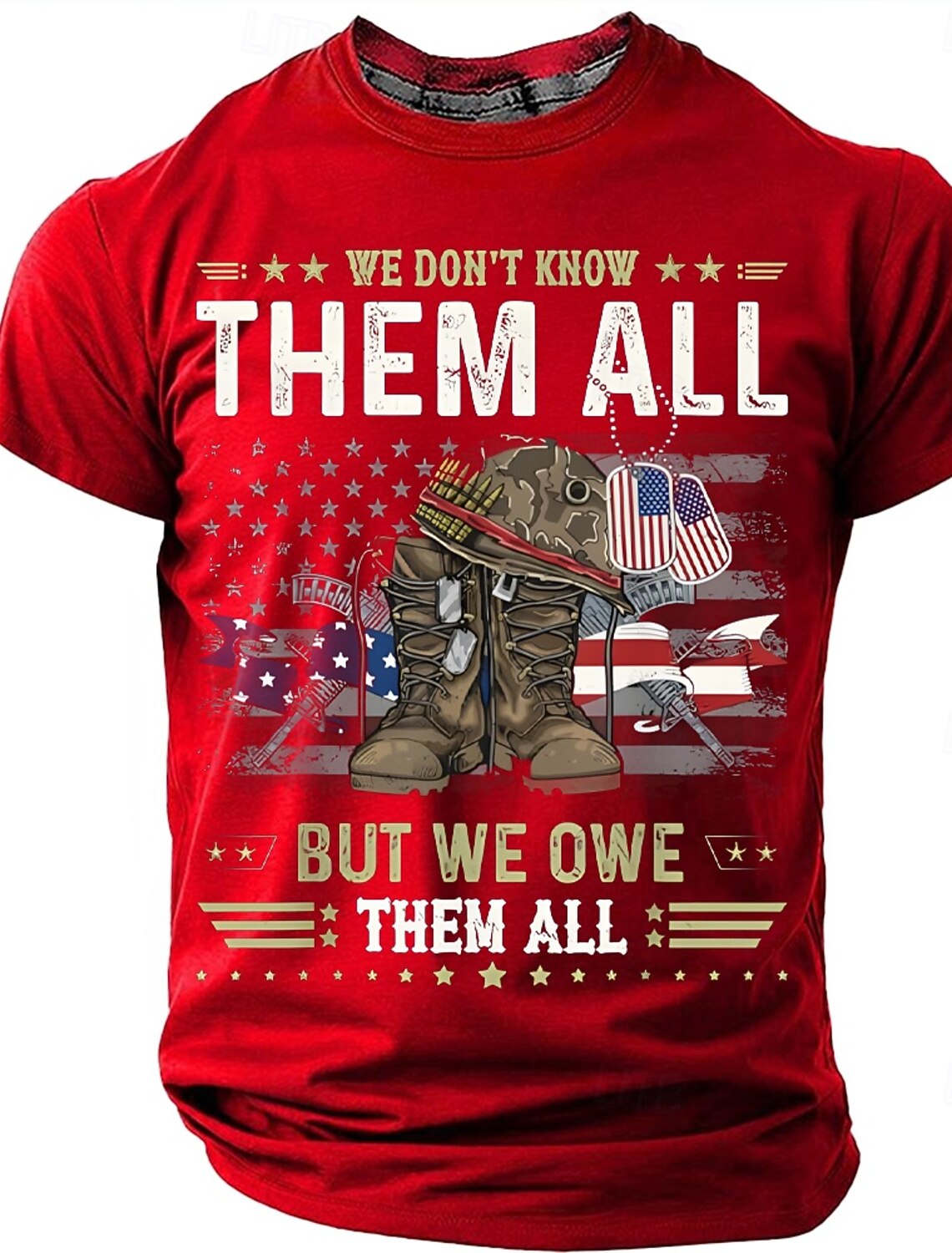 Memorial Day We Don't Know Them All But We Owe Them All Men's Combat Boots Dog Tags American Flag Patriotic Graphic T Shirt Distressed Vintage Short Sleeve Tee Designer Clothing Apparel S M L XL XXL X