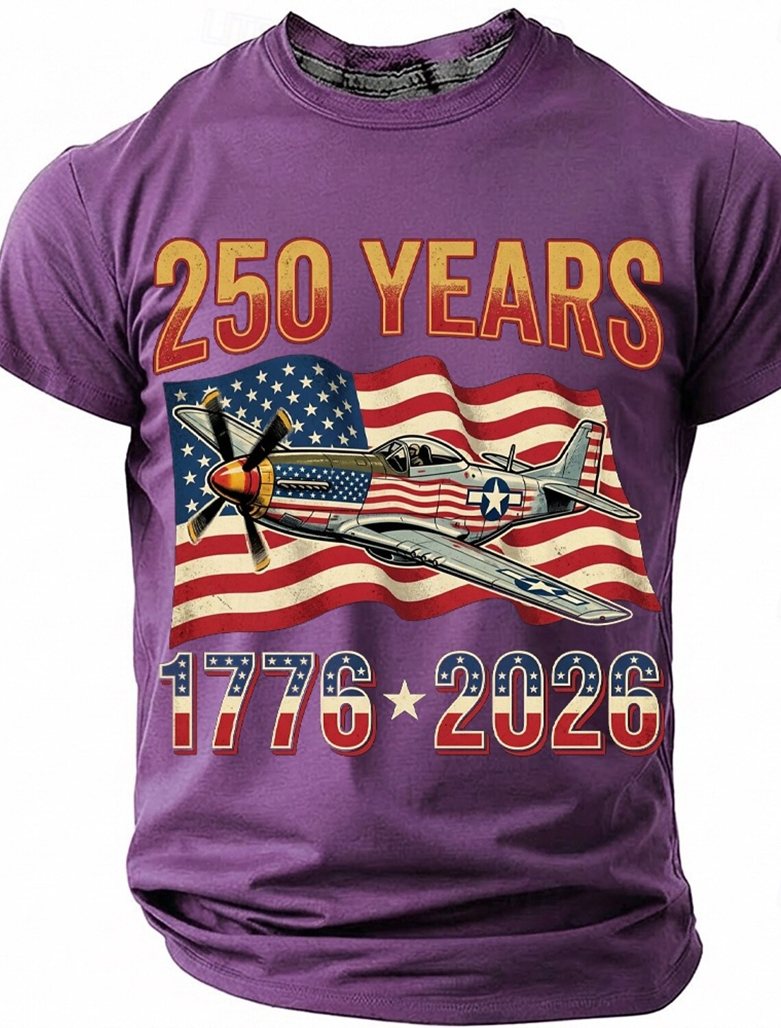 250th Anniversary July 4th 2026 Men's 250 Years 1776-2026 P-51 Mustang Fighter Plane Graphic T Shirt Short Sleeve Crew Neck Patriotic USA Flag Aviation Veteran Gift Designer Clothing Apparel