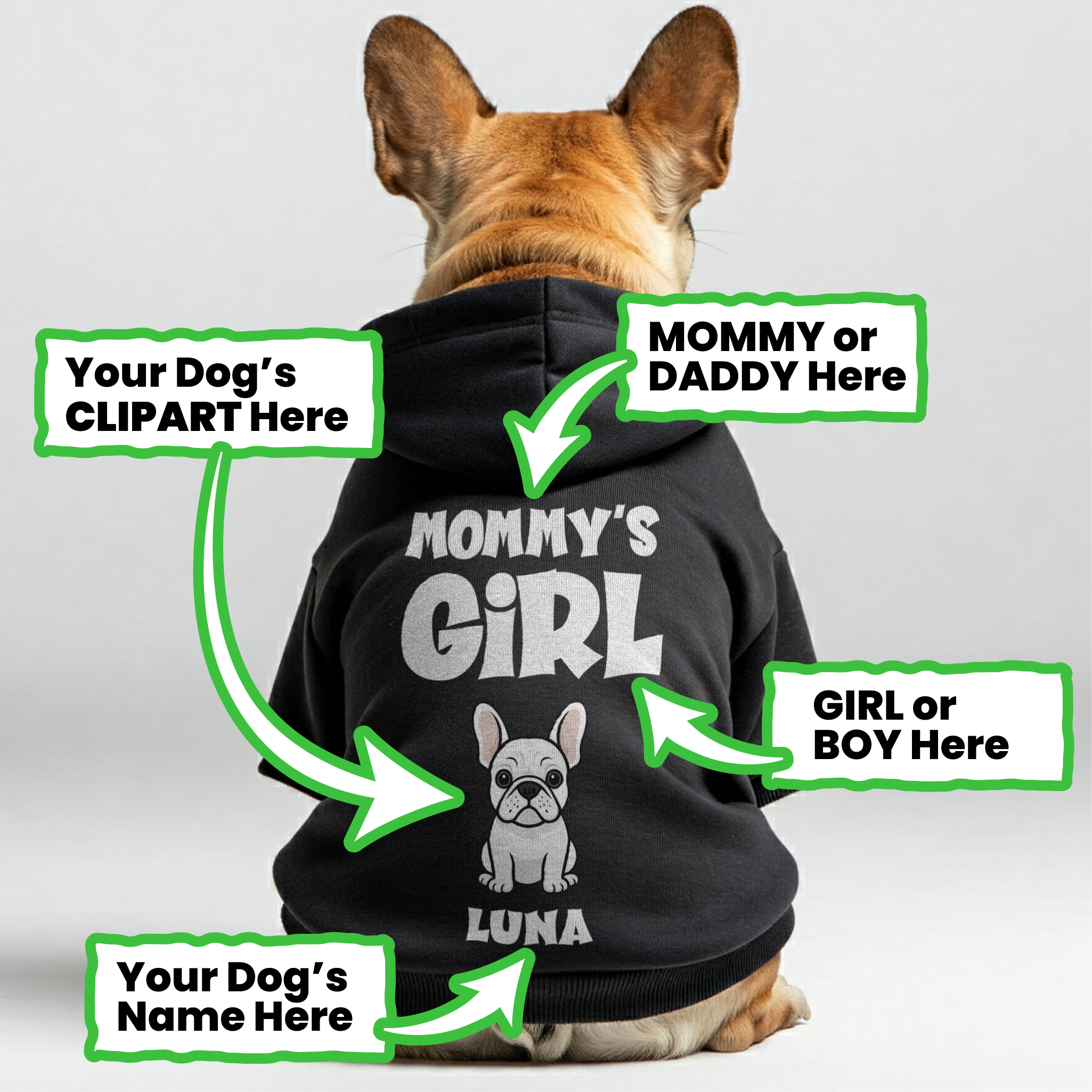 MOMMY’S GIRL- Personalized French Bulldog hoodies with funny quotes, custom name,DADDY or MOMMY, GIRL or BOY and custom clipart matching your Frenchie's color – Stylish, Cozy, and Premium 100% Cotton
