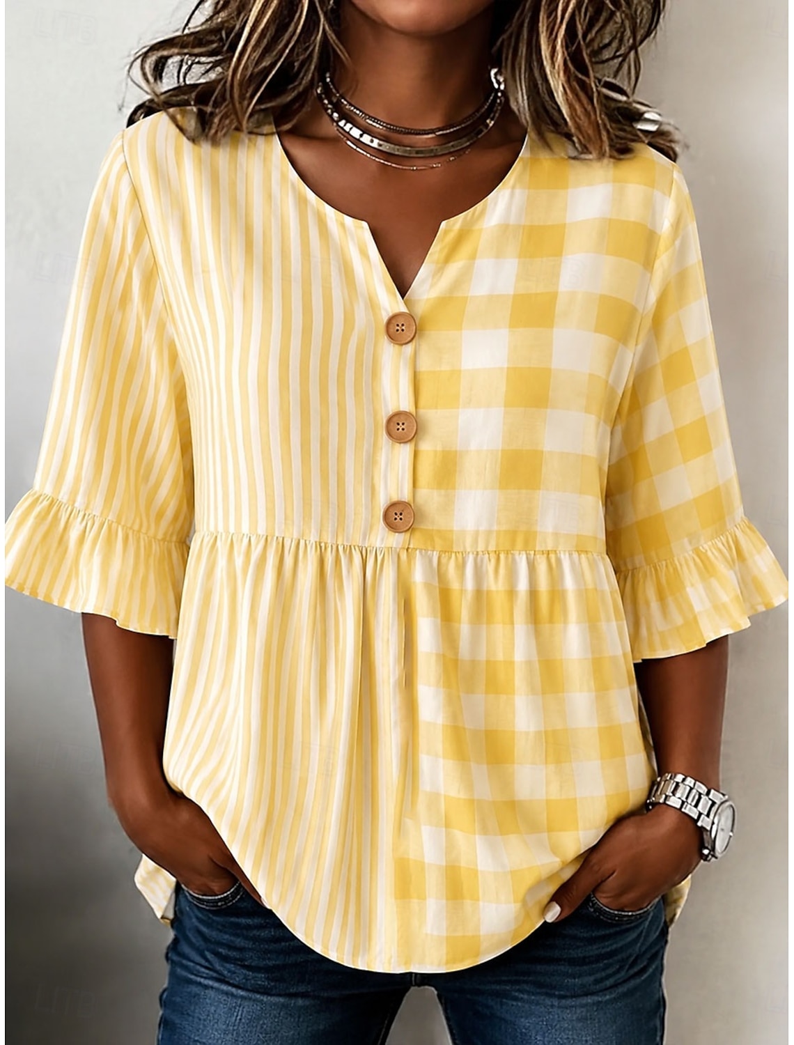Women's Shirt Buttons Print Graphic Plaid Vintage Daily Stylish Half Sleeve V Neck Regular Tops Casual Daily Yellow Summer Spring