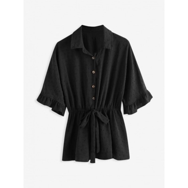 Swiss Dot Half Button Batwing Sleeve Peplum Blouse TO9345