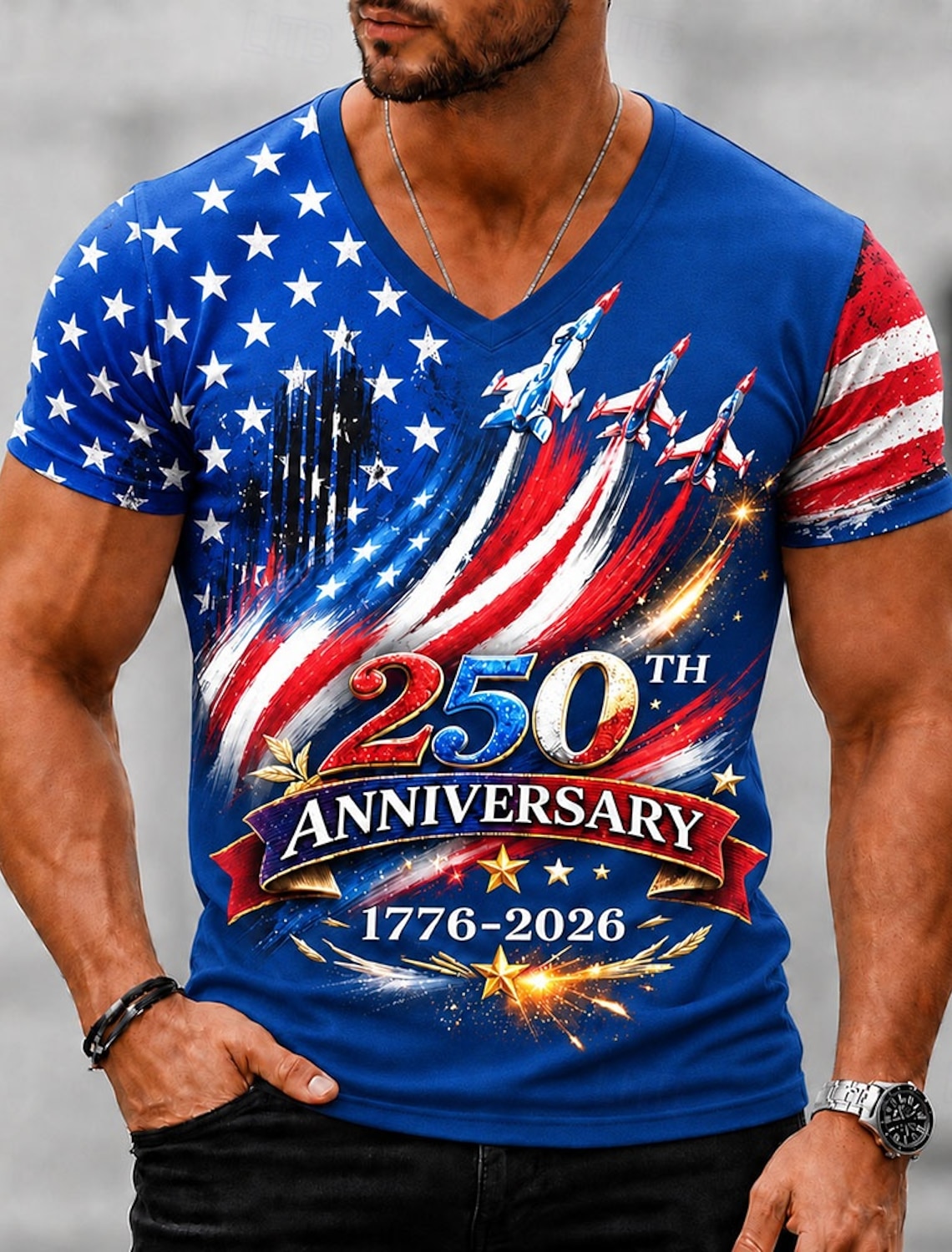 4th of July 2026 250th Men's American US Flag T Shirt Short Sleeve T shirt 3D Print V Neck Shirt Patriotic Daily Festival Blue Black White Spring & Summer Clothing Apparel S M L XL XXL XXXL
