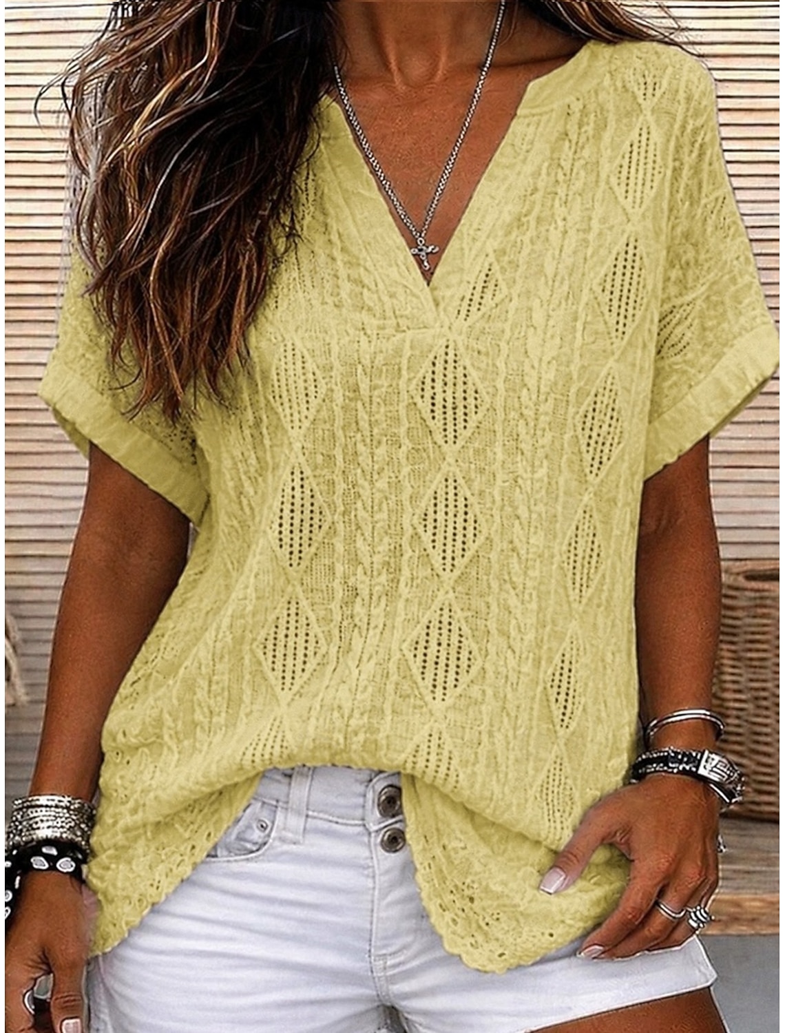 Women's Blouse Lace Solid Color Stylish Casual Short Sleeve V Neck Regular Tops Daily Blue Black White Orange Grey Summer Spring Fall