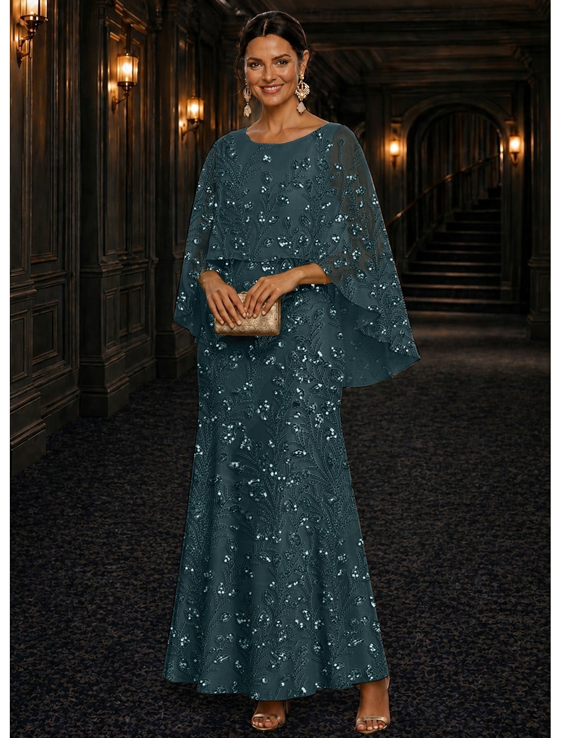A-Line Dress Floor Length Ankle Length Cocktail Dress Mother of the Bride Dress Long Sleeve Scoop Neck Elegant Luxurious Sparkle & Shine Formal Wedding Guest Semi Formal Lace with Beading Sequin