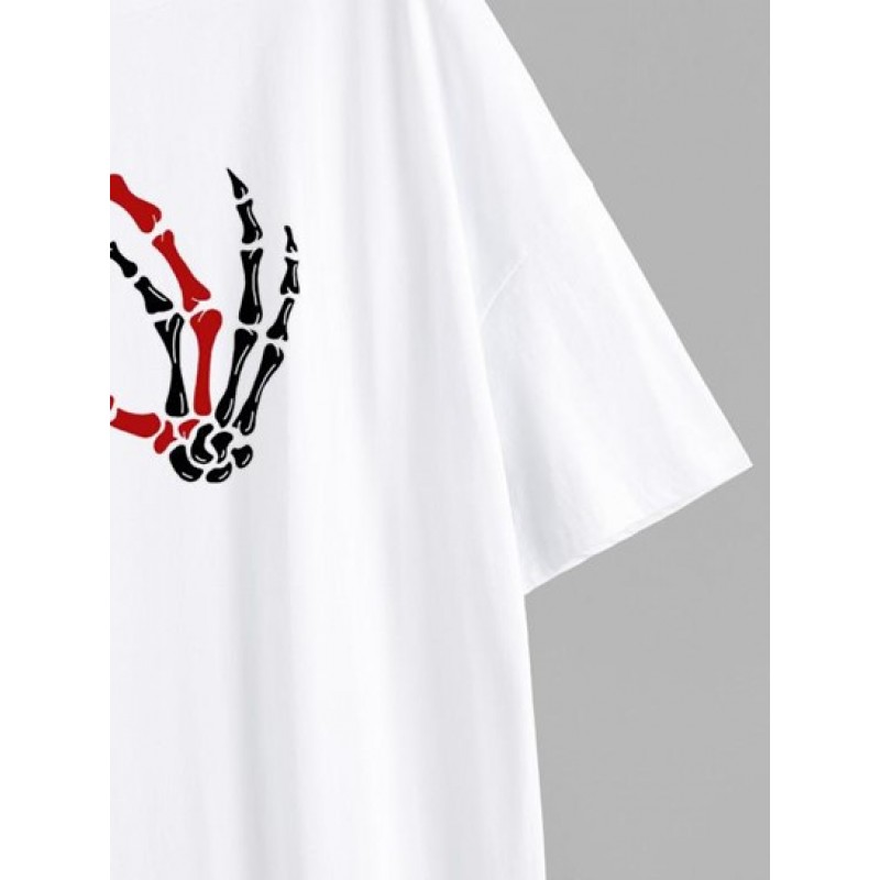 Halloween Skeleton Hand Print Drop Shoulder T Shirt LU1974