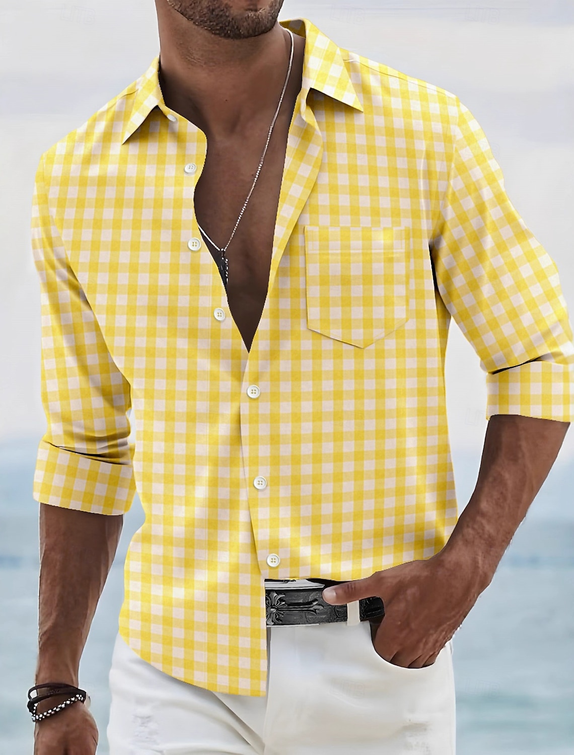 Men's Shirt Casual Button Up Black Yellow Pink Red Light Blue Long