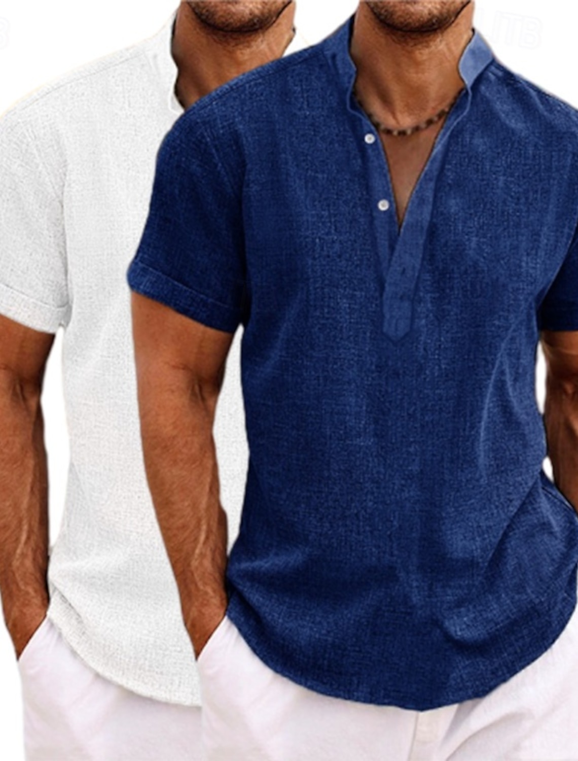 Men's Shirt Linen Shirt Popover Shirt Summer Shirt Beach Wear Band Collar Shirt Plain Vacation Casual Green+Gray White+Yellow White+Green White+Navy Blue Short Sleeve Henley Summer Clothing Apparel