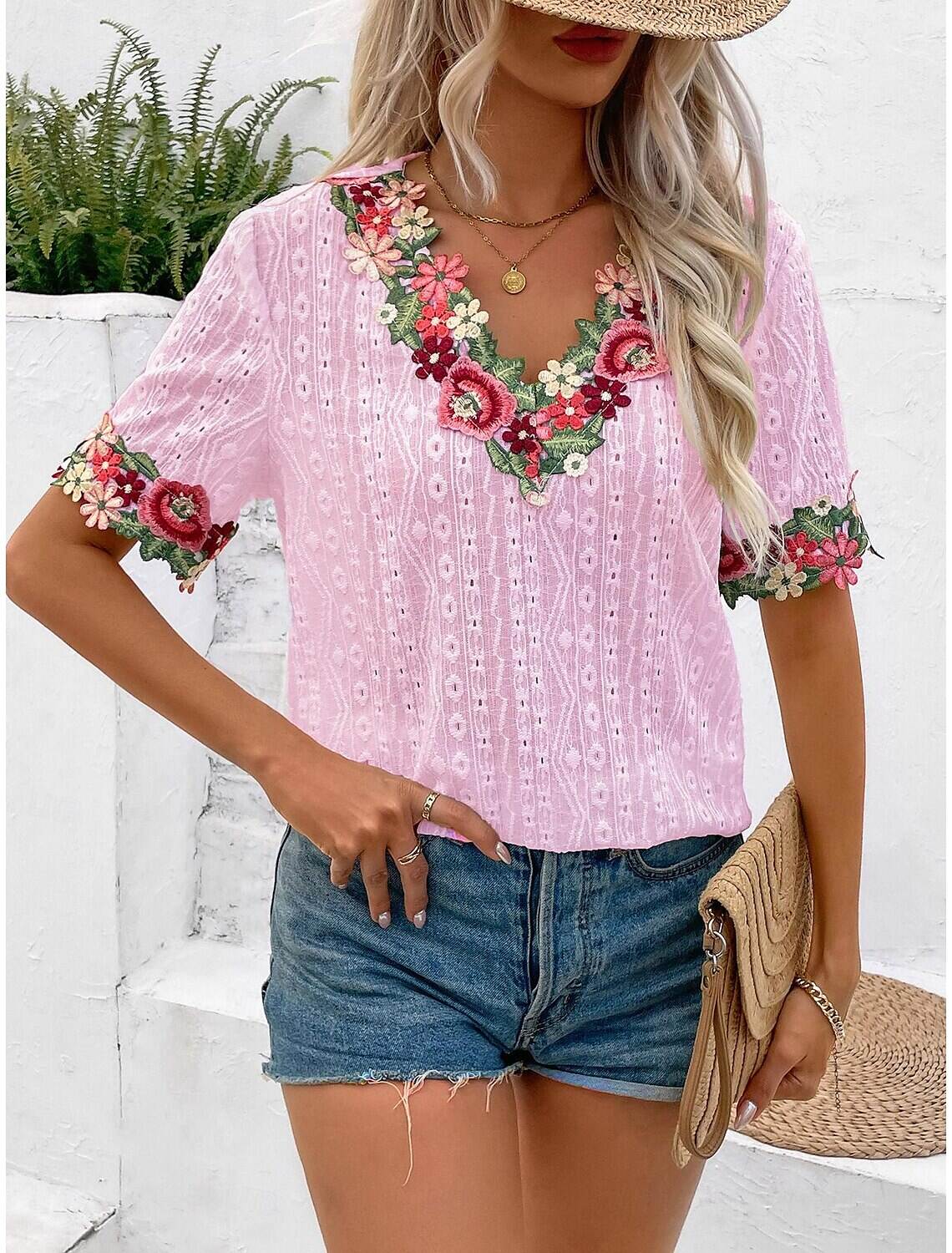 Women's Elegant Lace Tops Eyelet Blouse Floral Embroidery V-Neck Half Sleeve Summer Casual Outdoor Everyday Wear Romantic Petite Tops Summer Holiday Wear