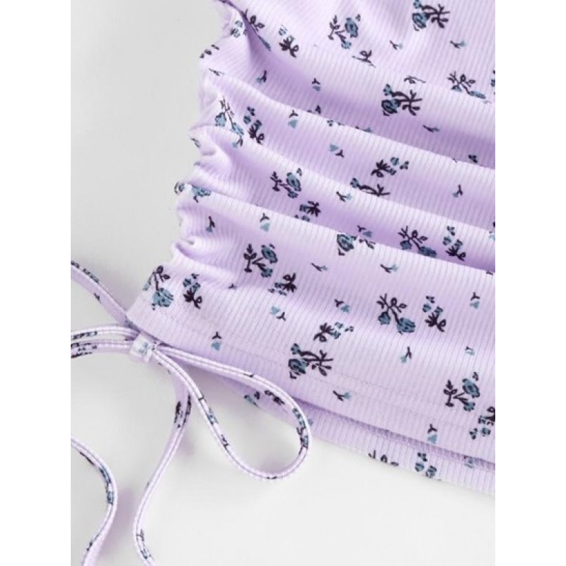 Floral Ribbed Cinched Tie Baby Tee OI5799