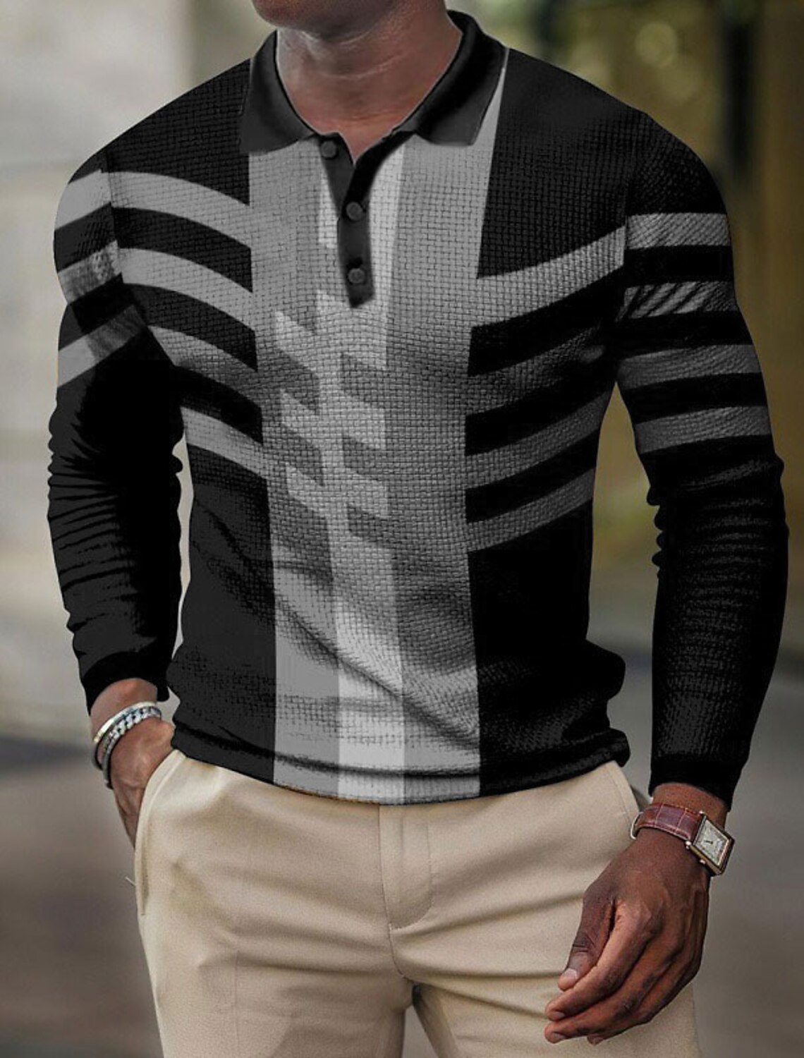 Men's Plaid Waffle Polo Shirts Golf Shirt Long Sleeve Collared Vintage