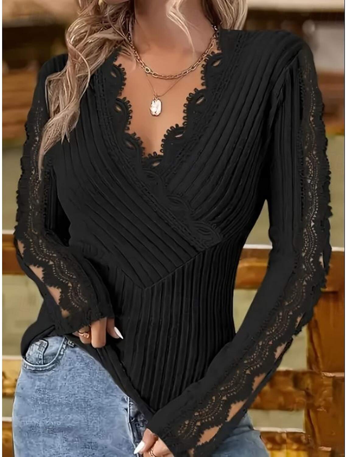 Women's Elegant Lace Tops Eyelet Blouse Stylish Modern Lace Long Sleeve Regular Tops V Neck Work Daily Romantic Petite Tops Summer Holiday Wear Red Light Grey Spring Fall