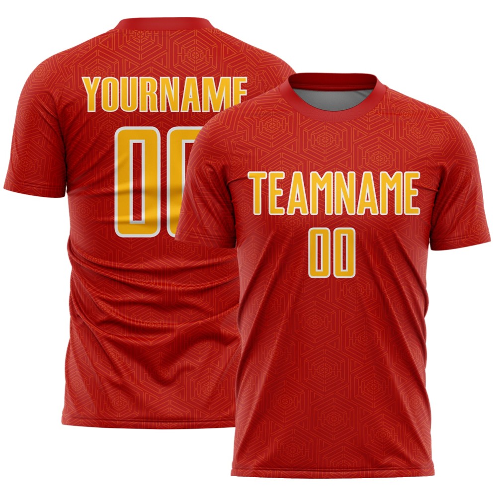 Sublimation Uniform Red Geometric Jersey Shape Soccer Gold-White Custom Sports