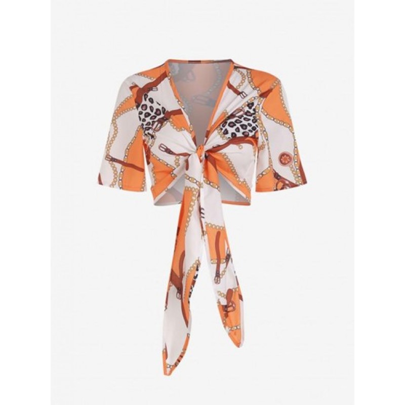 Chain Leopard Print Tie Front Crop Blouse VK7956