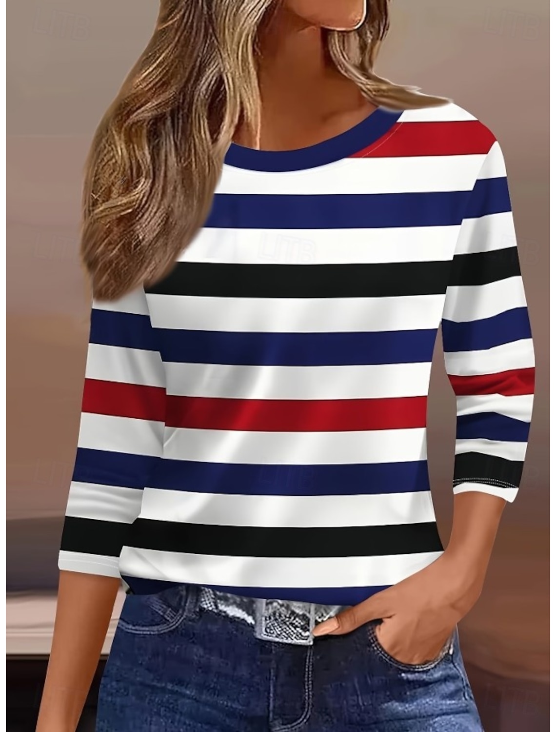 Women's T Shirt Print Graphic Geometric Striped Vintage Fashion Stylish Long Sleeve Crew Neck Regular Tops Daily Blue Light Green Pink Red Navy Blue Summer Spring