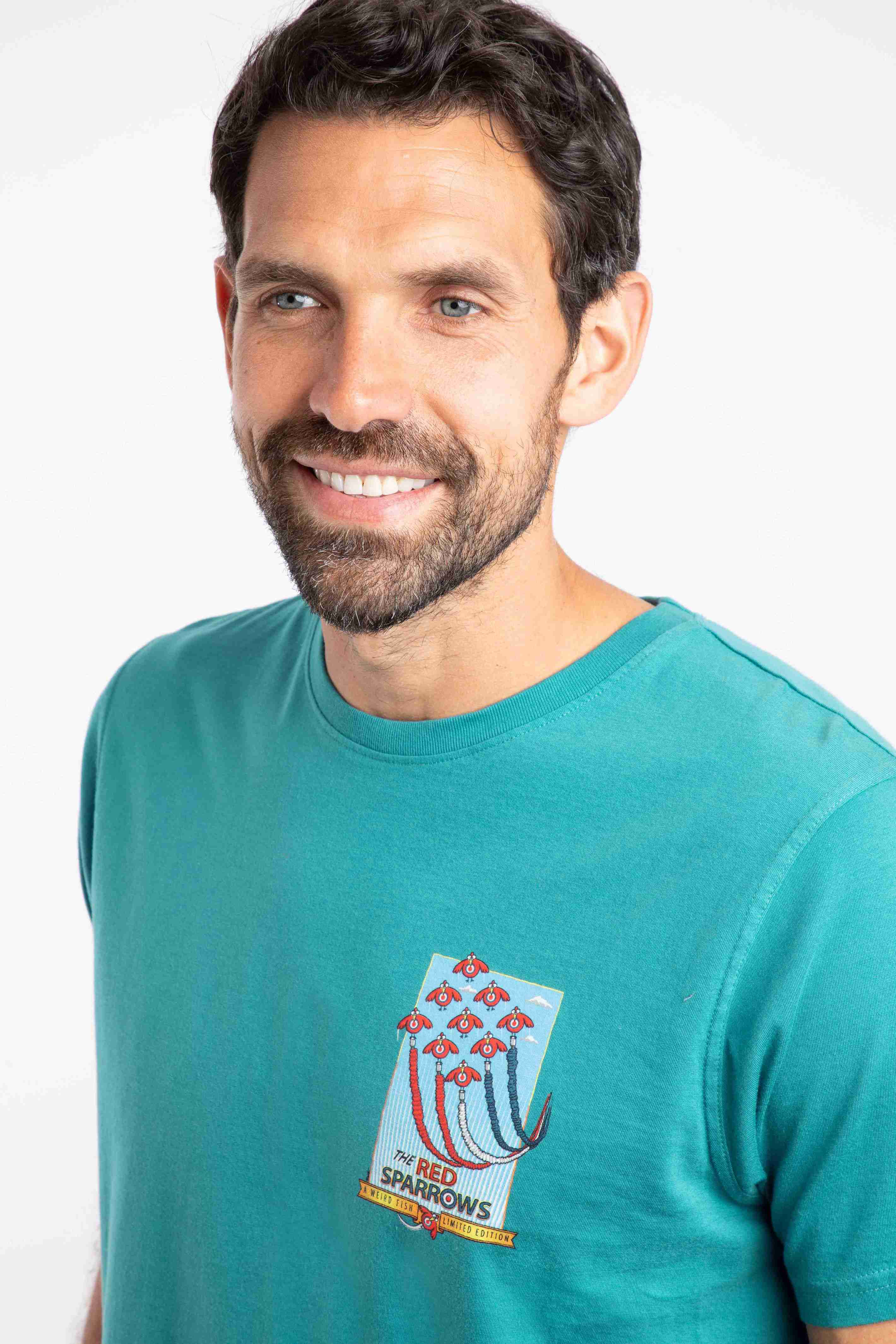 Red Sparrows Back Print Artist T-Shirt Deep Teal