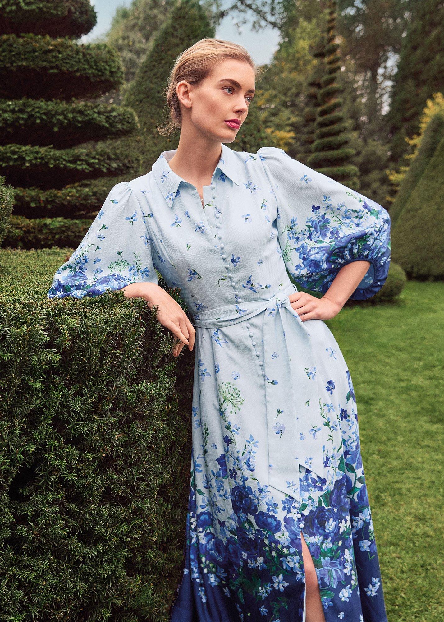 Noella Blue Floral Shirt Midaxi Dress