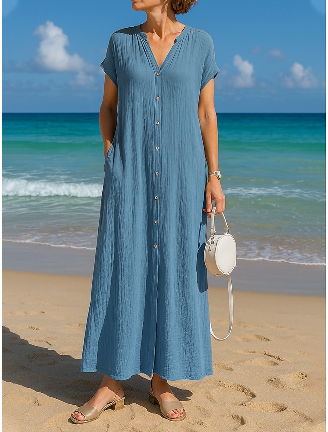 Women's Cotton Linen Maxi Dress A Line Dress Summer Dress Casual Daily Loose Fit Plain Short Sleeve V Neck Blue Black White Camel Summer