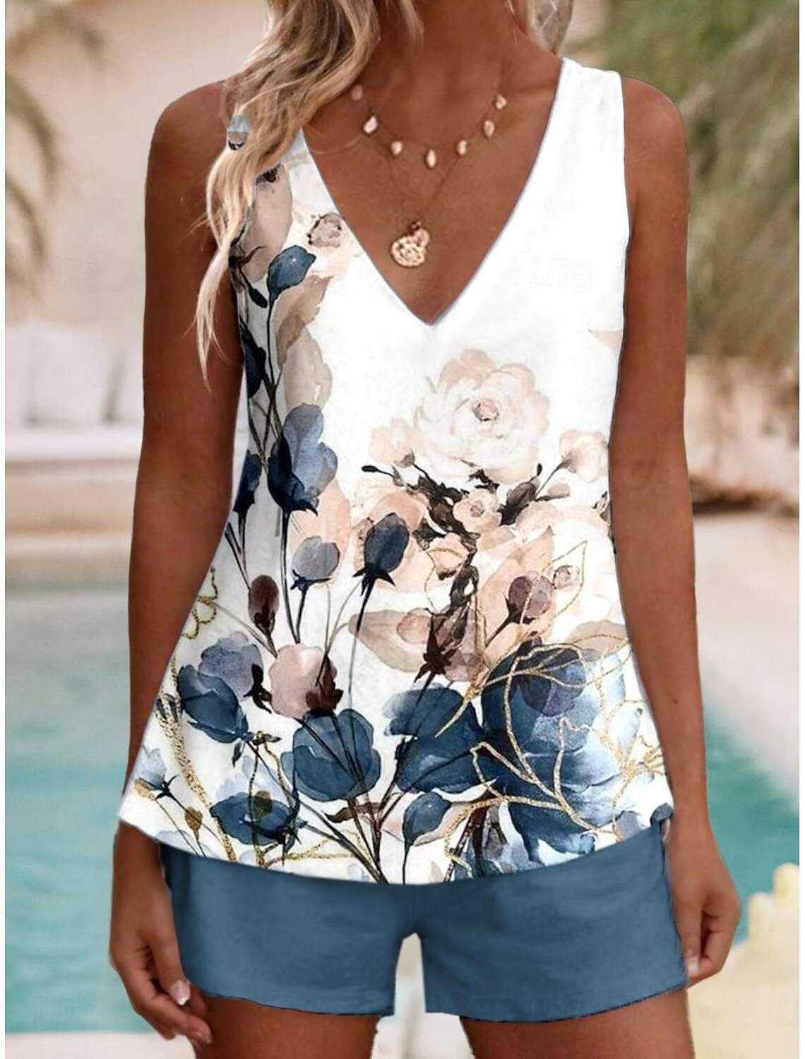 Women's Camis 2 Pieces Outfits Daily Hawaiian Print Sleeveless V Neck Vacation Summer