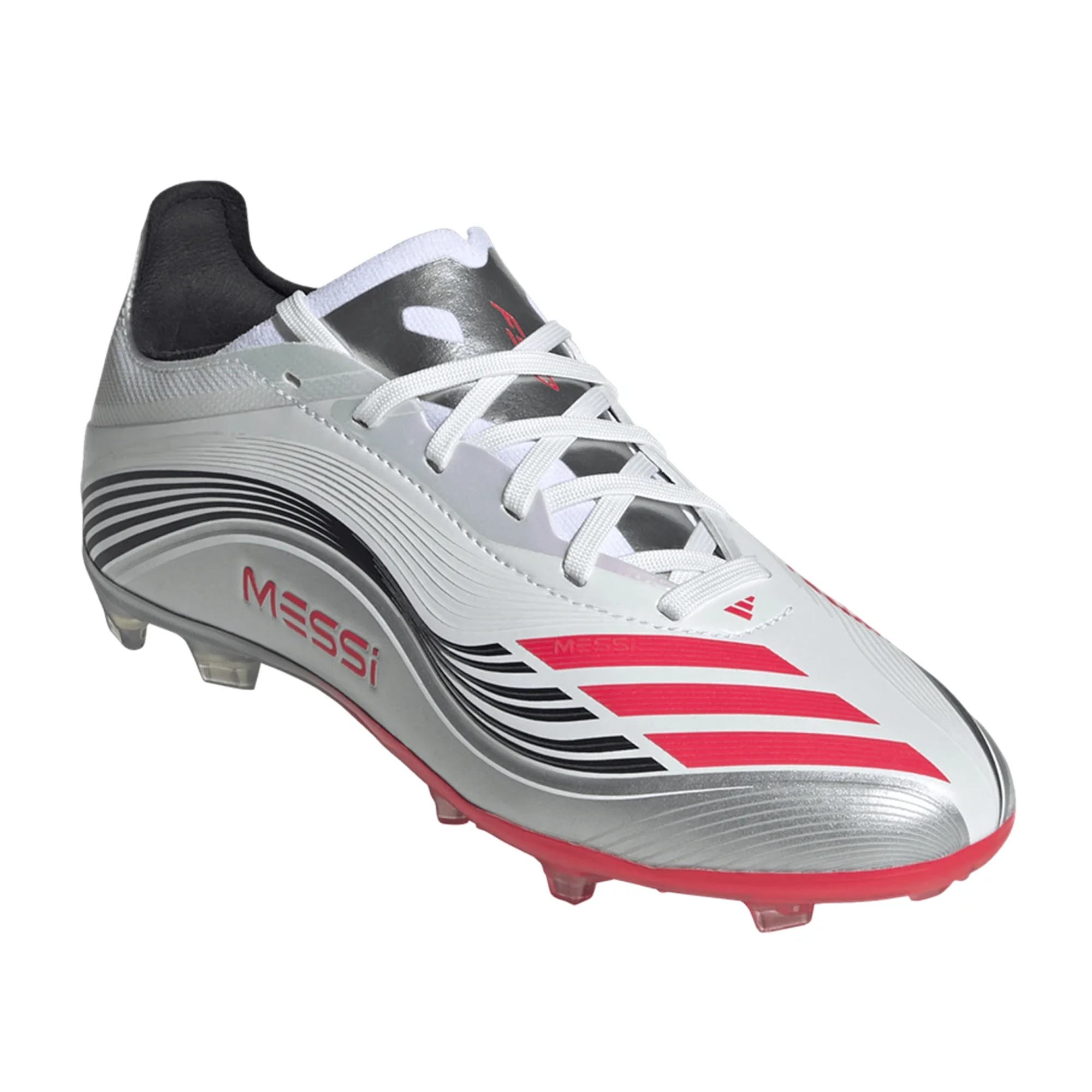 Messi adidas F50 Junior Soccer Cleats White Lucid Red Silver Metallic