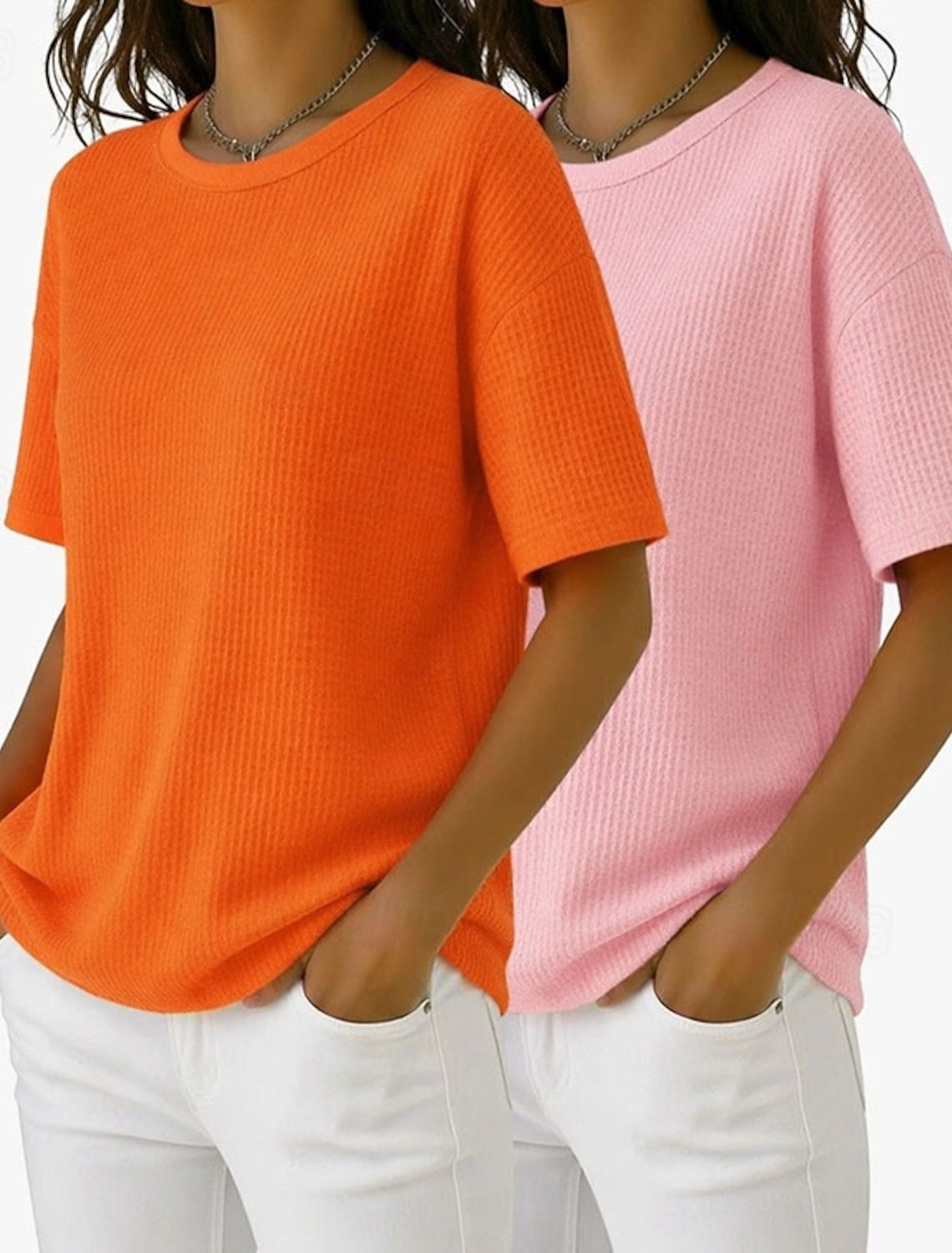 Women's 100% Cotton 2 Pieces Set T Shirt Basic Classic Modern Short Sleeve Crew Neck Regular Tops Casual Daily Going out Black / Red White+Pink White / Black Green / Blue White+Orange Summer Spring