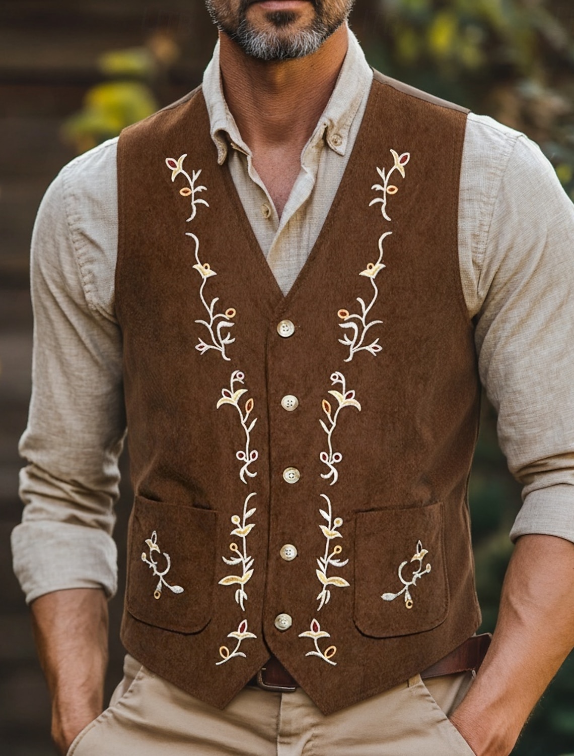 Men's Corduroy Vest Waistcoat Formal Wedding Vacation Casual Fashion Classic Spring Fall Pocket Buttons Comfortable Floral Single Breasted V Neck Lapel Regular Fit Black Navy Blue Brown Vest