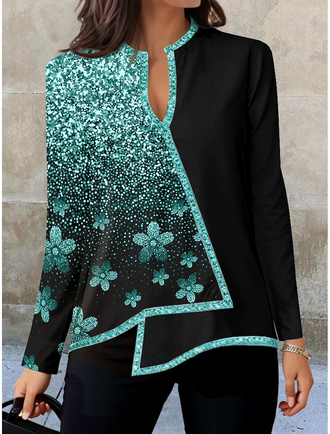 Women's Shirt Blouse Fashion Floral Print Asymmetric Hem Long Sleeve Regular Tops V Neck Casual Holiday Fall & Winter