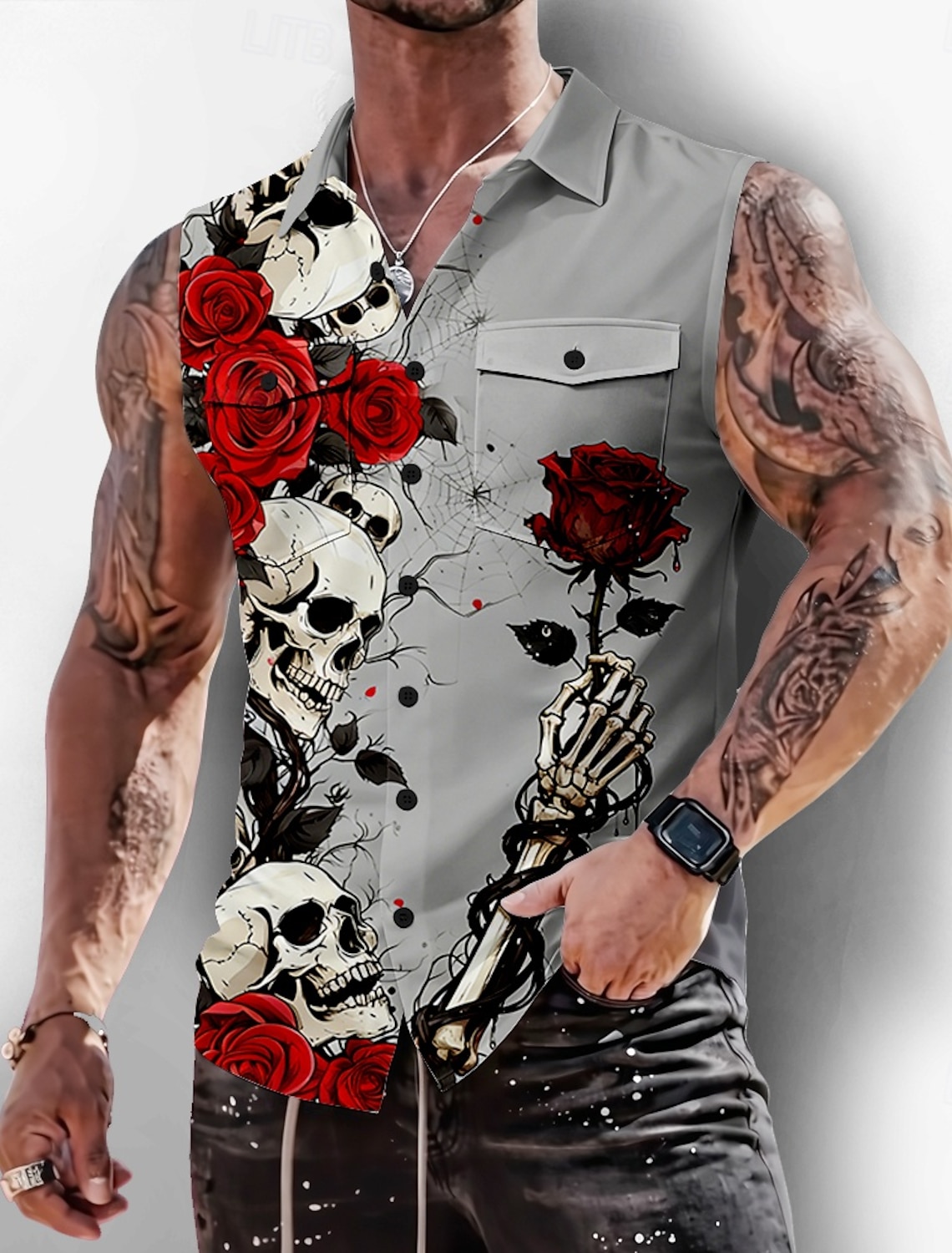 Men's Skeleton Rose Skulls Shirt Button Up Sleeveless Dark Gothic