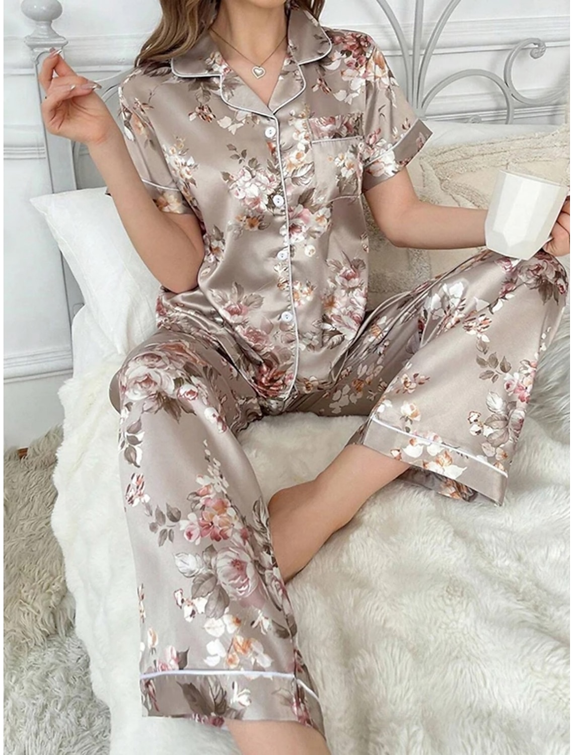 Women's Loungewear Pajama Set Fashion Simple Casual Floral Satin Silky Pajamas Pyjamas Elastic Waist Buttons Pant Home Vacation Short Sleeve Shirt Collar Khaki Summer Spring Fall Regular Fit